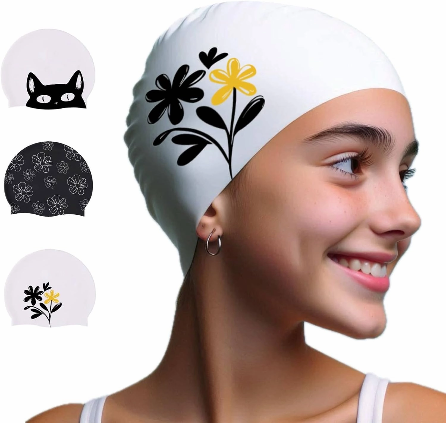 Swim Cap Women Adult - Swim Caps for Women & Teen Girls, Comfortable Swimming Caps for Standard Size and Long Hair, Fun Pattern Silicone Swim Cap