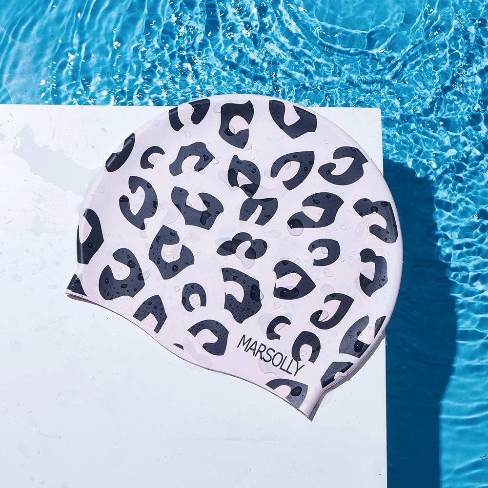 Swim Cap Women, Silicone Swimming Cap for Long Hair with Leopard Printed