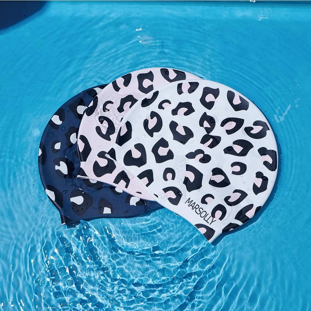 Swim Cap Women, Silicone Swimming Cap for Long Hair with Leopard Printed