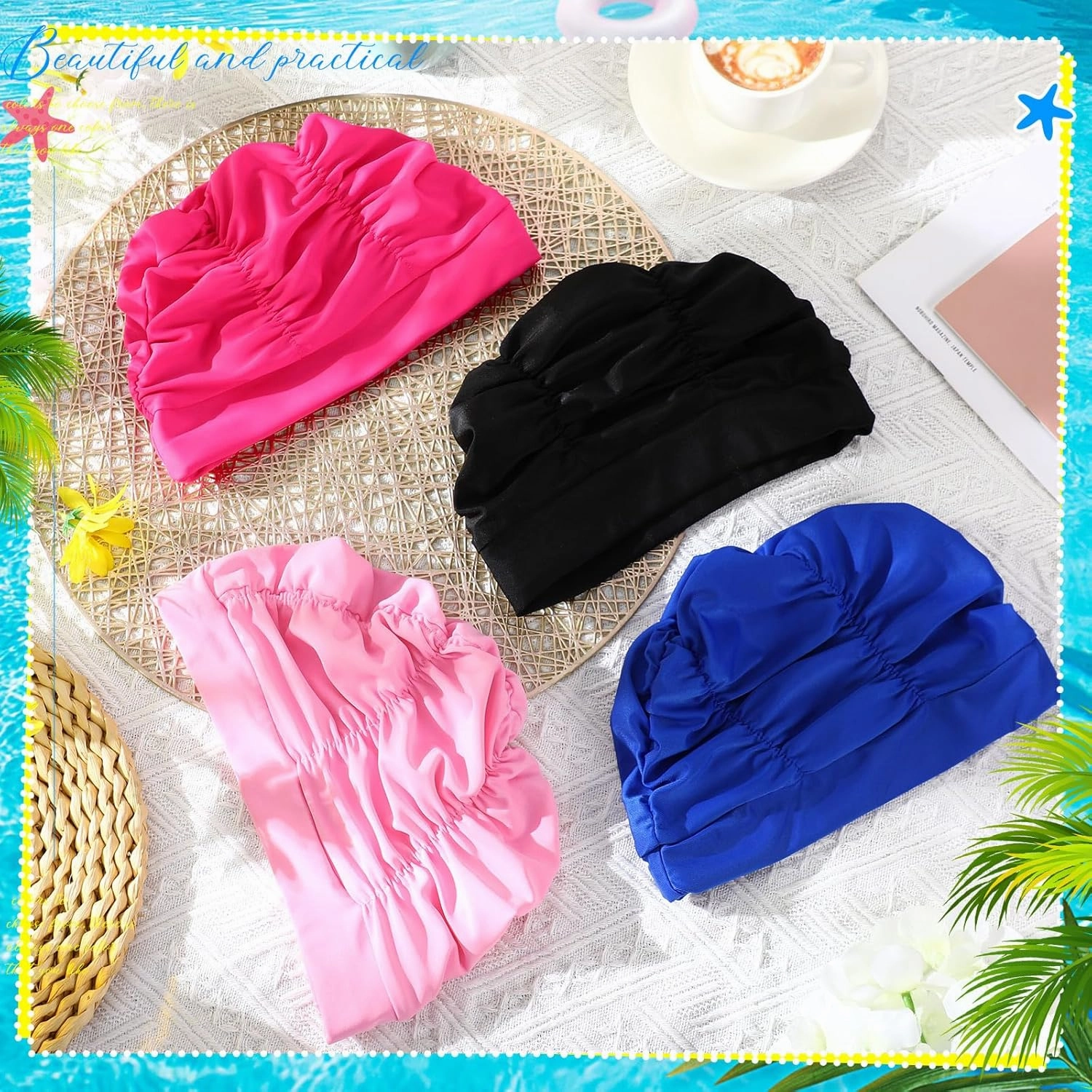 Swim Caps for Women Non Slip Swimming Pool Hat Polyester Turban Elastic Comfort Bathing Caps for Long Short Hair