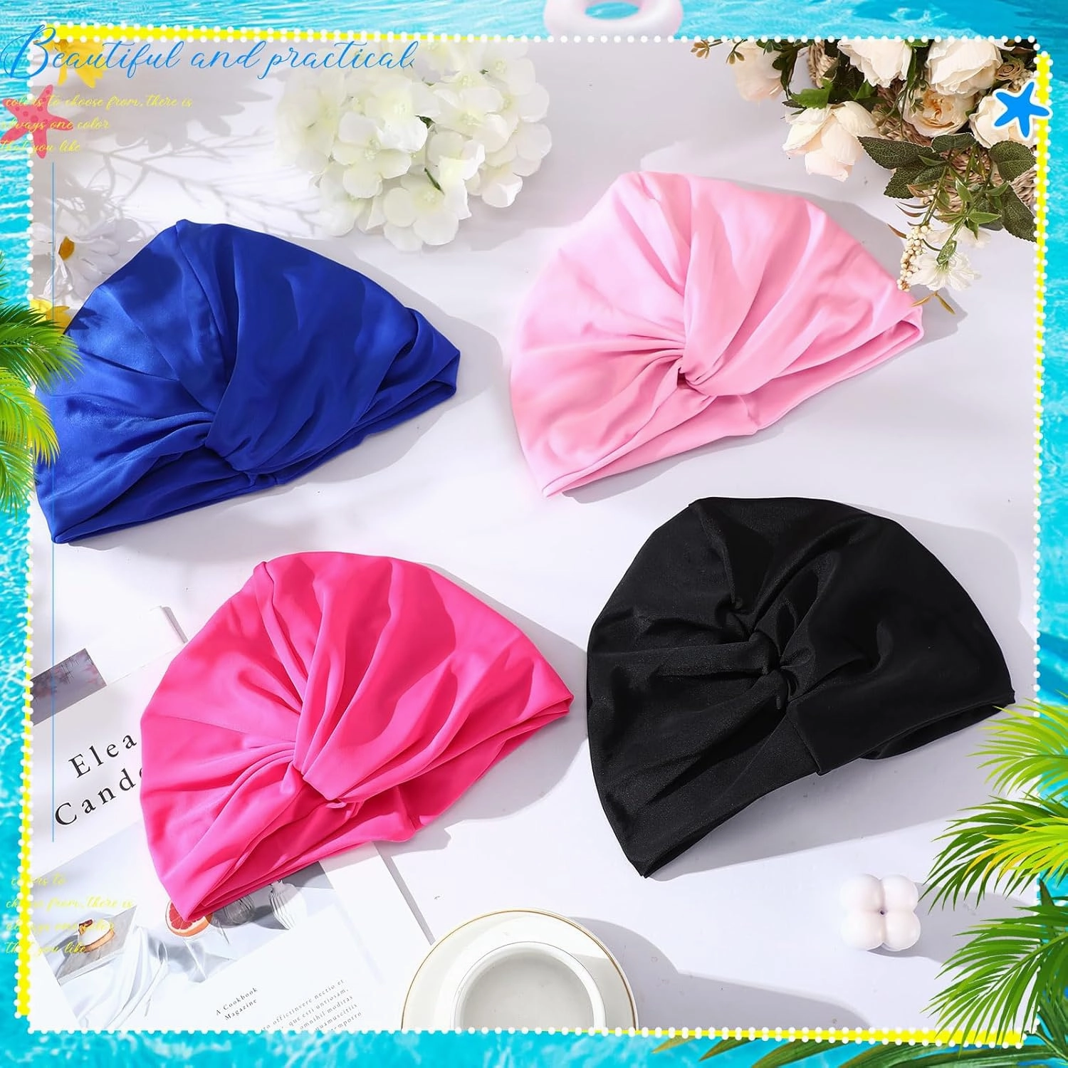 Swim Caps for Women Polyester Turban Strong Non-Slip Swimming Hat Elastic Swimming Pool Cap for Long and Short Hair
