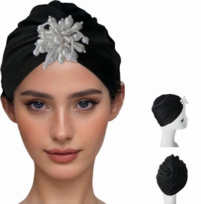 Swim Caps Women Turban Adult Retro Pearl SwimCap for Long and Short Hair Protection,Contouring of The Face, for Swimming Pool/Beach/spa Resorts/Watervollyball/Spa/Water Park