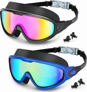 Swim Goggles 2 Pack for Adult Men Women, Anti-fog UV Protection No Leak 180 Wide View Clear Vision Pool Goggles
