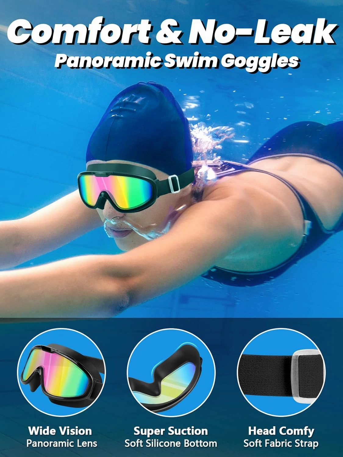 Swim Goggles 2 Pack, Wide View Anti Fog&UV Comfort Fabric Strap No Leaking Swimming Goggles for Adult Men Women Youth