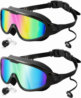 Swim Goggles 2 Pack, Wide View Swimming Goggles for Audlt, No Leaking Swim Glasses for Men Women Kids