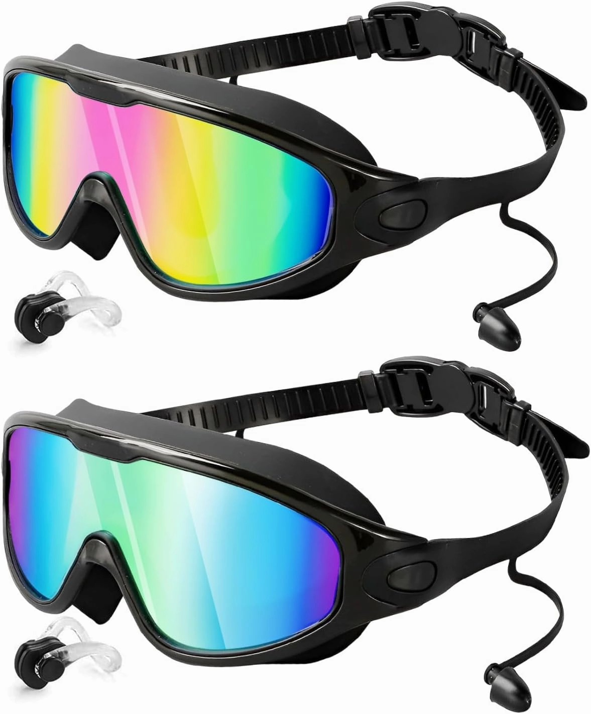 Swim Goggles 2 Pack, Wide View Swimming Goggles for Audlt, No Leaking Swim Glasses for Men Women Kids