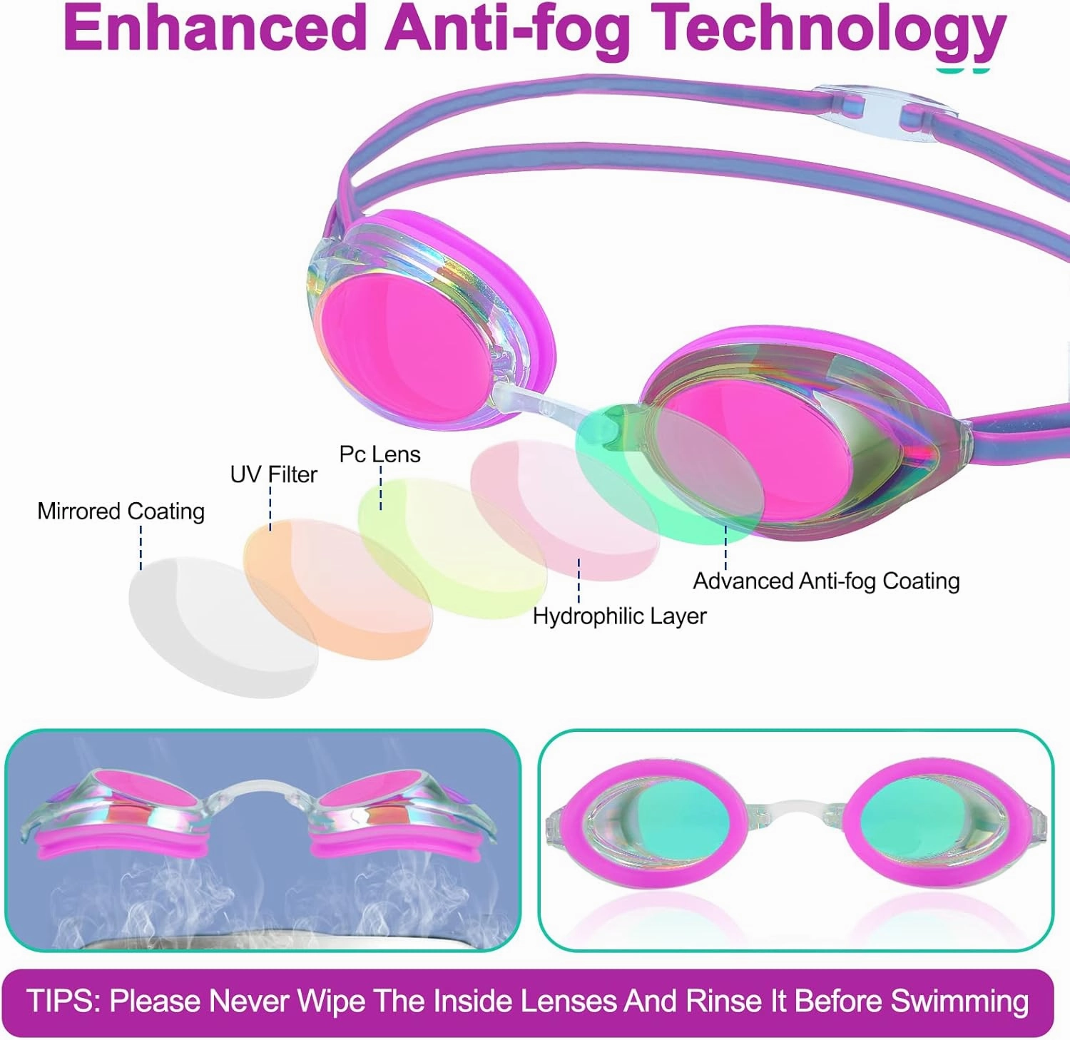 Swim Goggles, Swimming Goggles 2 Pack UV Protection Anti Fog Swim Goggles for Adult, Men, Women, Youth
