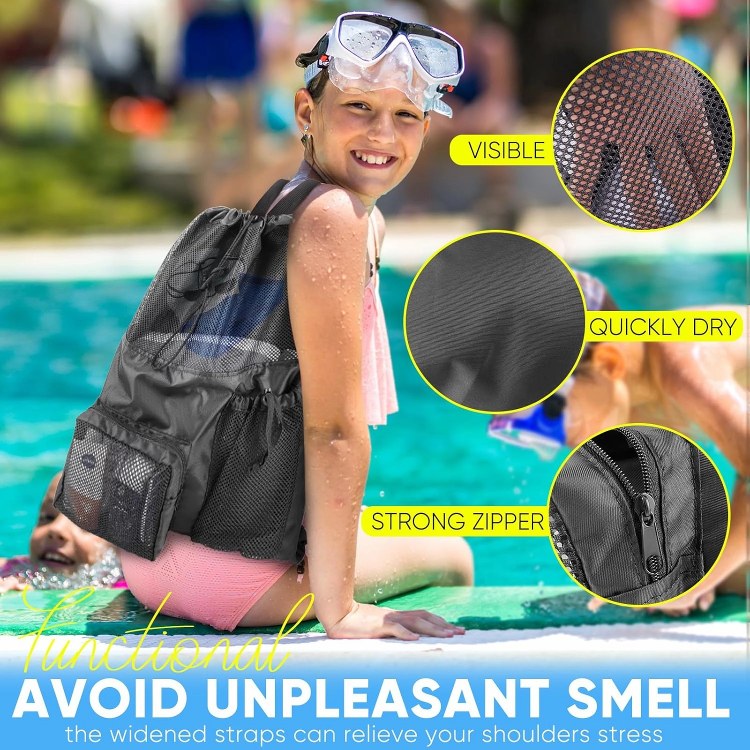 Swim Mesh Beach Bag, Waterproof Gym Bags for Women and Men, Large Pool Bag Swimming Gear Drawstring Backpack