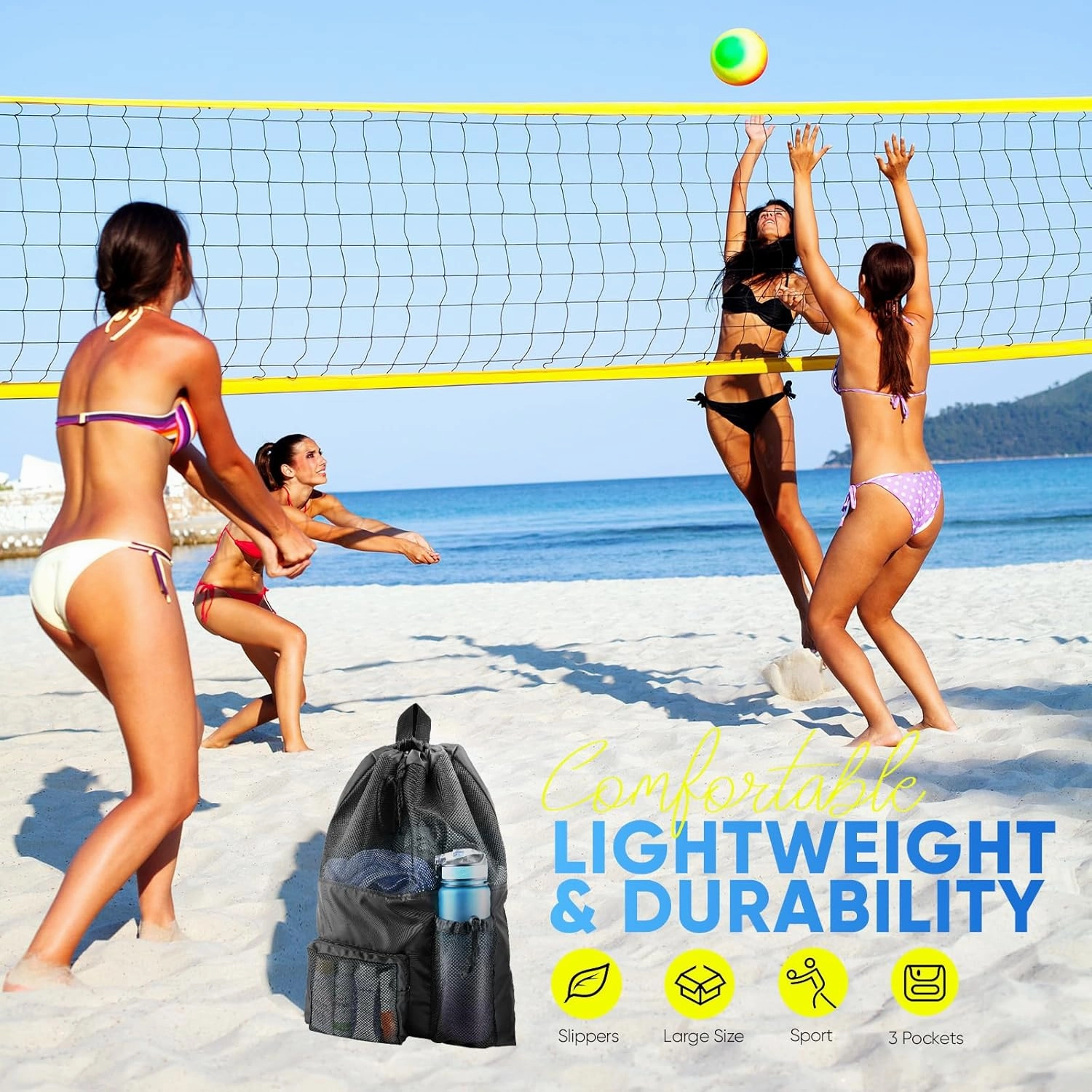 Swim Mesh Beach Bag, Waterproof Gym Bags for Women and Men, Large Pool Bag Swimming Gear Drawstring Backpack