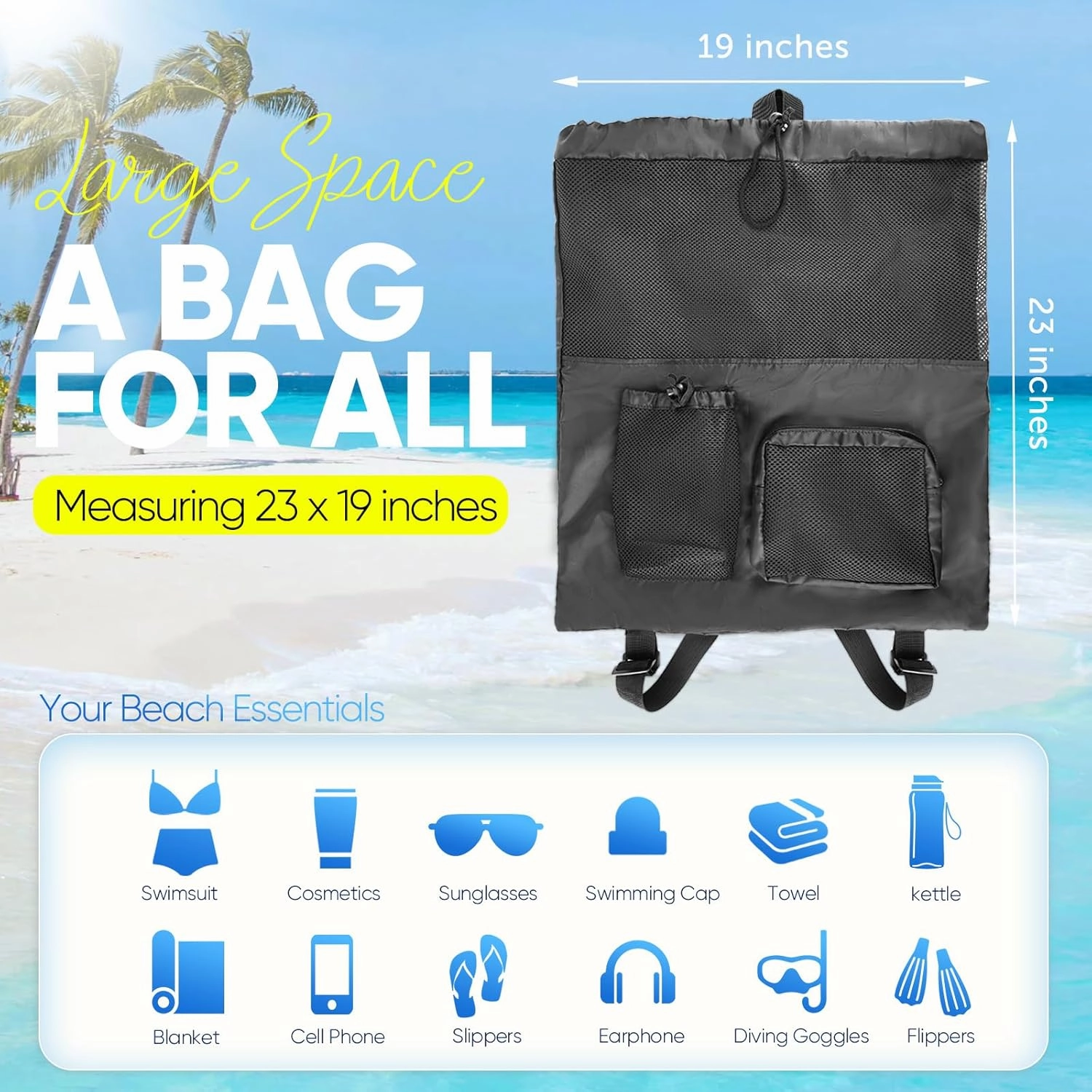 Swim Mesh Beach Bag, Waterproof Gym Bags for Women and Men, Large Pool Bag Swimming Gear Drawstring Backpack
