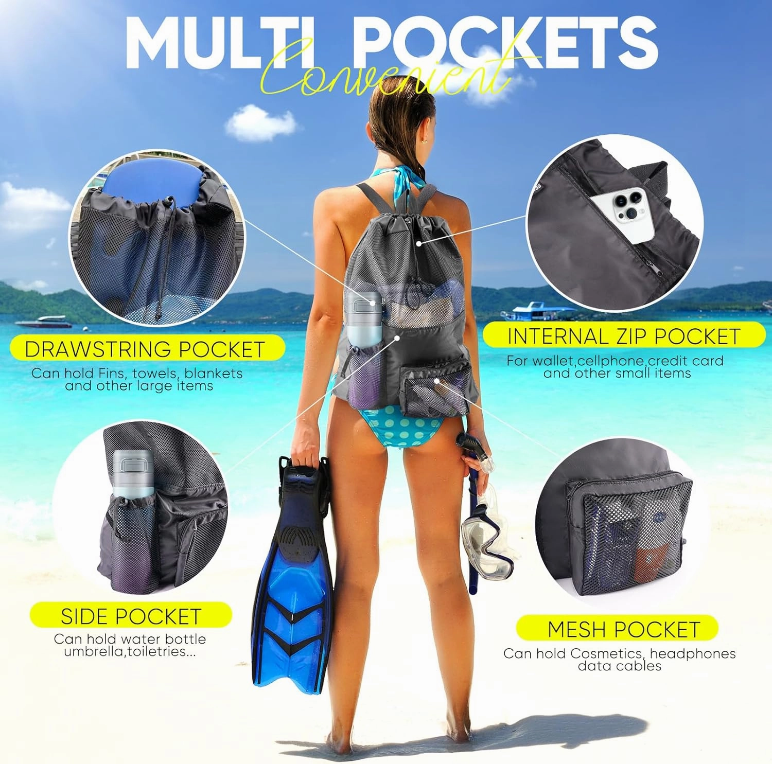 Swim Mesh Beach Bag, Waterproof Gym Bags for Women and Men, Large Pool Bag Swimming Gear Drawstring Backpack
