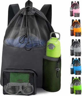 Swim Mesh Beach Bag, Waterproof Gym Bags for Women and Men, Large Pool Bag Swimming Gear Drawstring Backpack