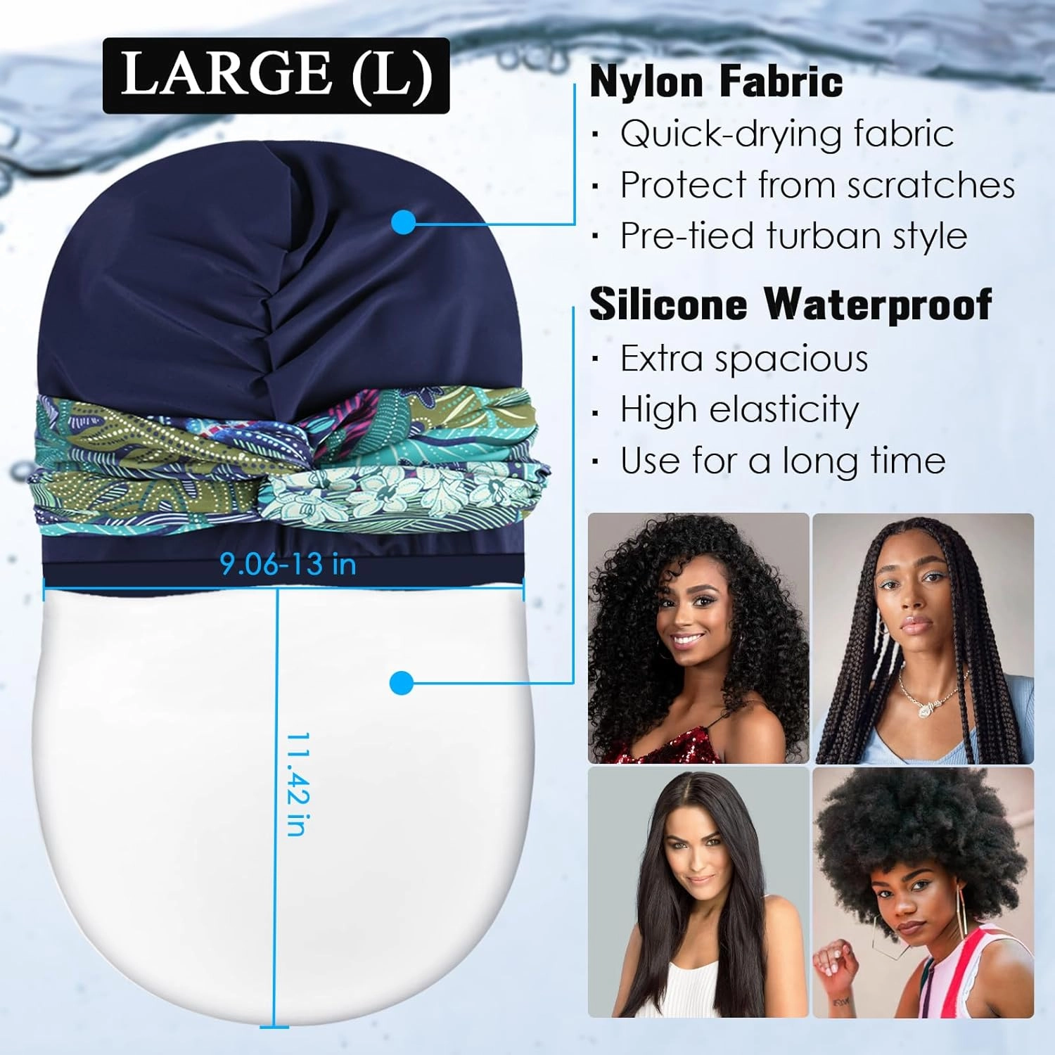 Swim Turban Waterproof Silicone Lined Swim Cap Long Hair Swim Caps for Women Youth - Large Swim Caps