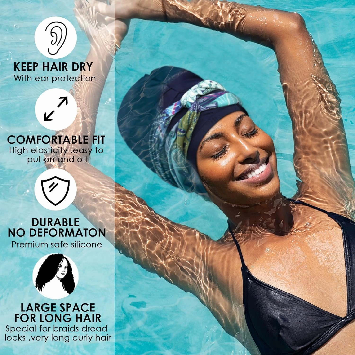 Swim Turban Waterproof Silicone Lined Swim Cap Long Hair Swim Caps for Women Youth - Large Swim Caps