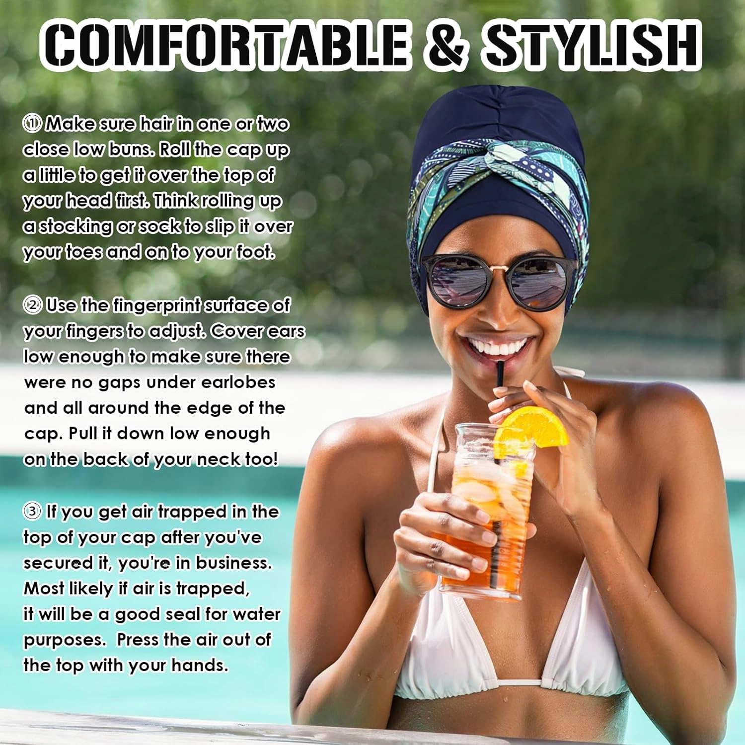 Swim Turban Waterproof Silicone Lined Swim Cap Long Hair Swim Caps for Women Youth - Large Swim Caps
