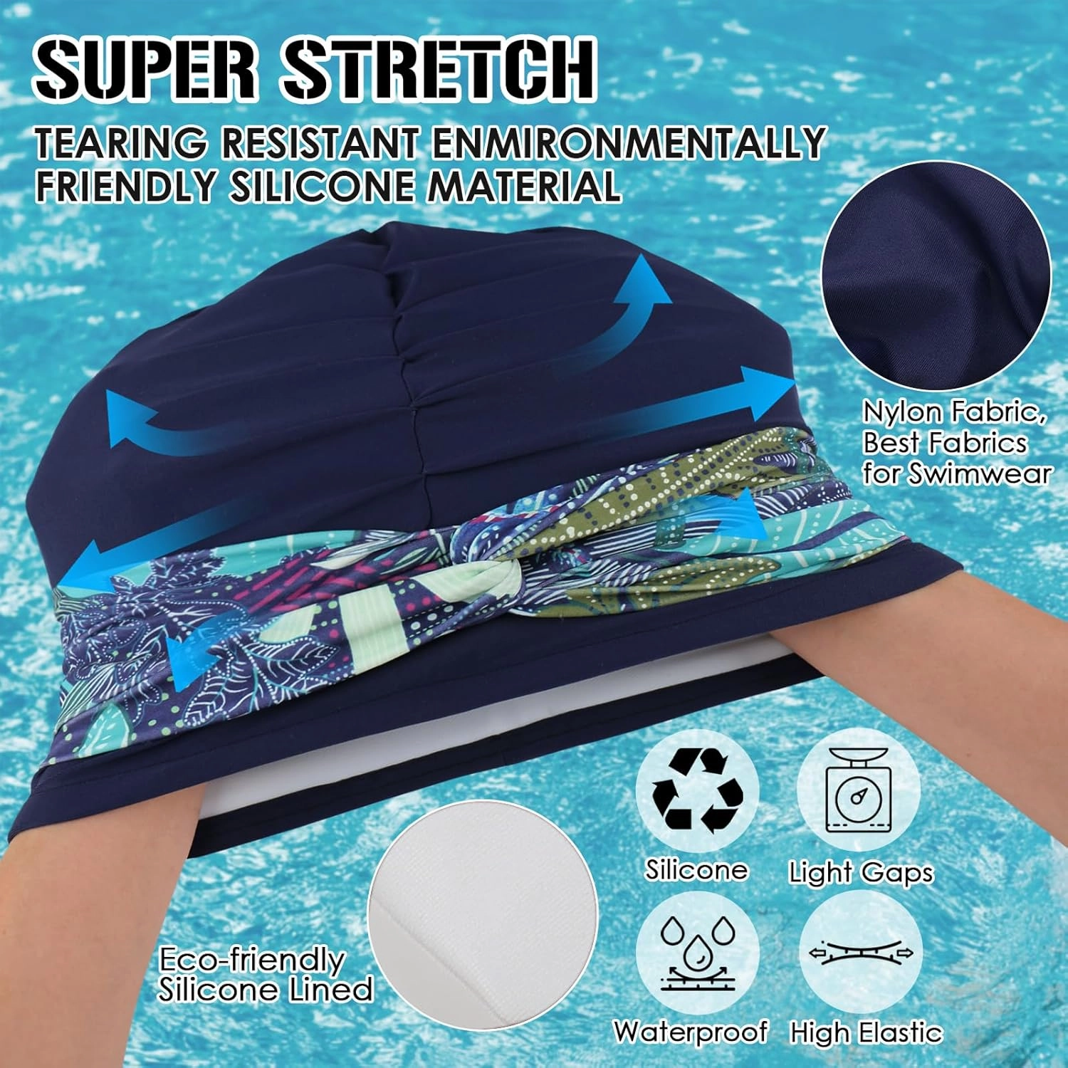 Swim Turban Waterproof Silicone Lined Swim Cap Long Hair Swim Caps for Women Youth - Large Swim Caps