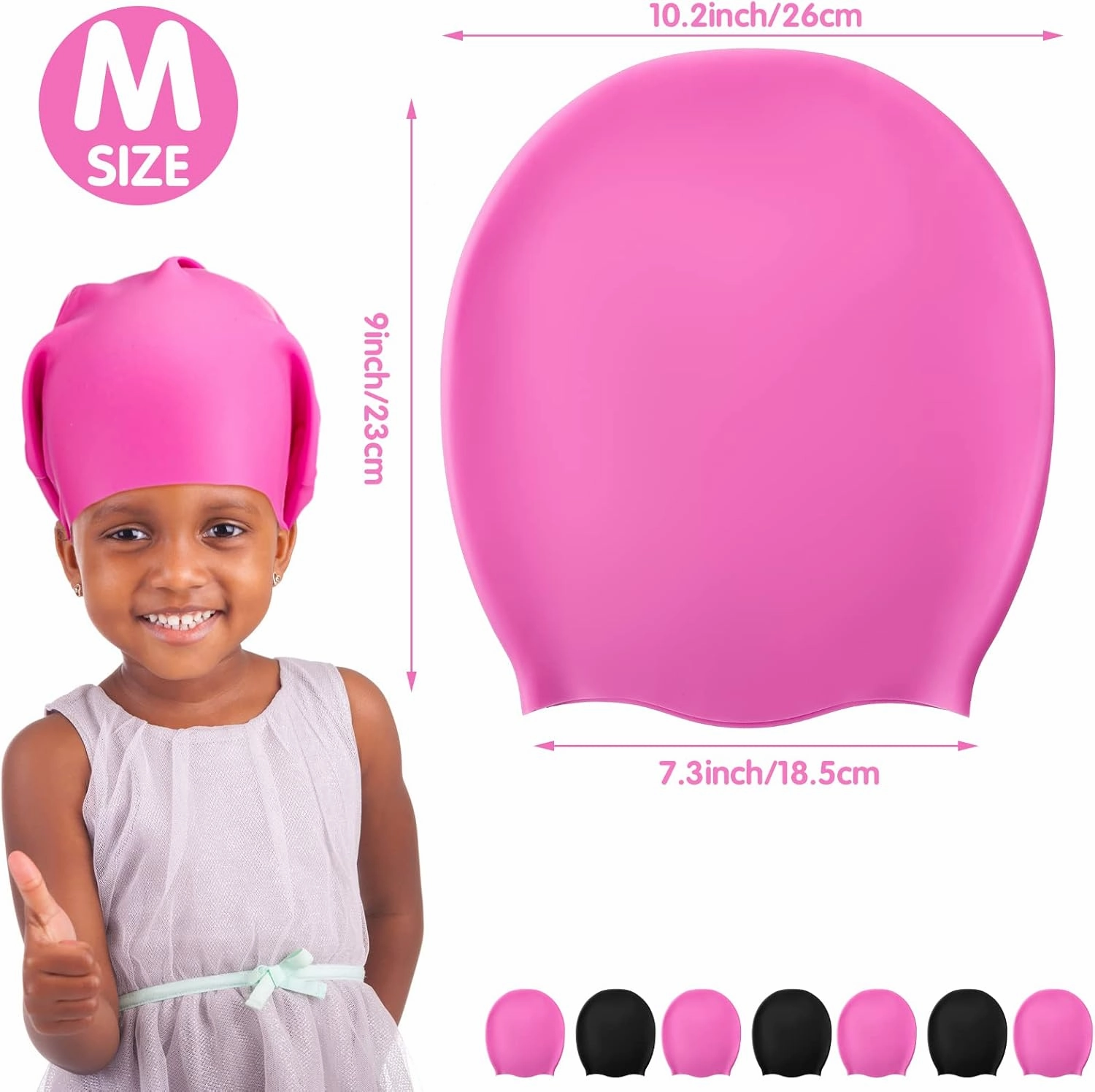 Swimming Cap 2 Pack Silicone Swim Cap for Braids and Dreadlocks Girls Silicone Waterproof Swim Cap Shower Cap for Kids Teens with Long Hair Weaves Hair Extensions Curls (Black, Pink,M)