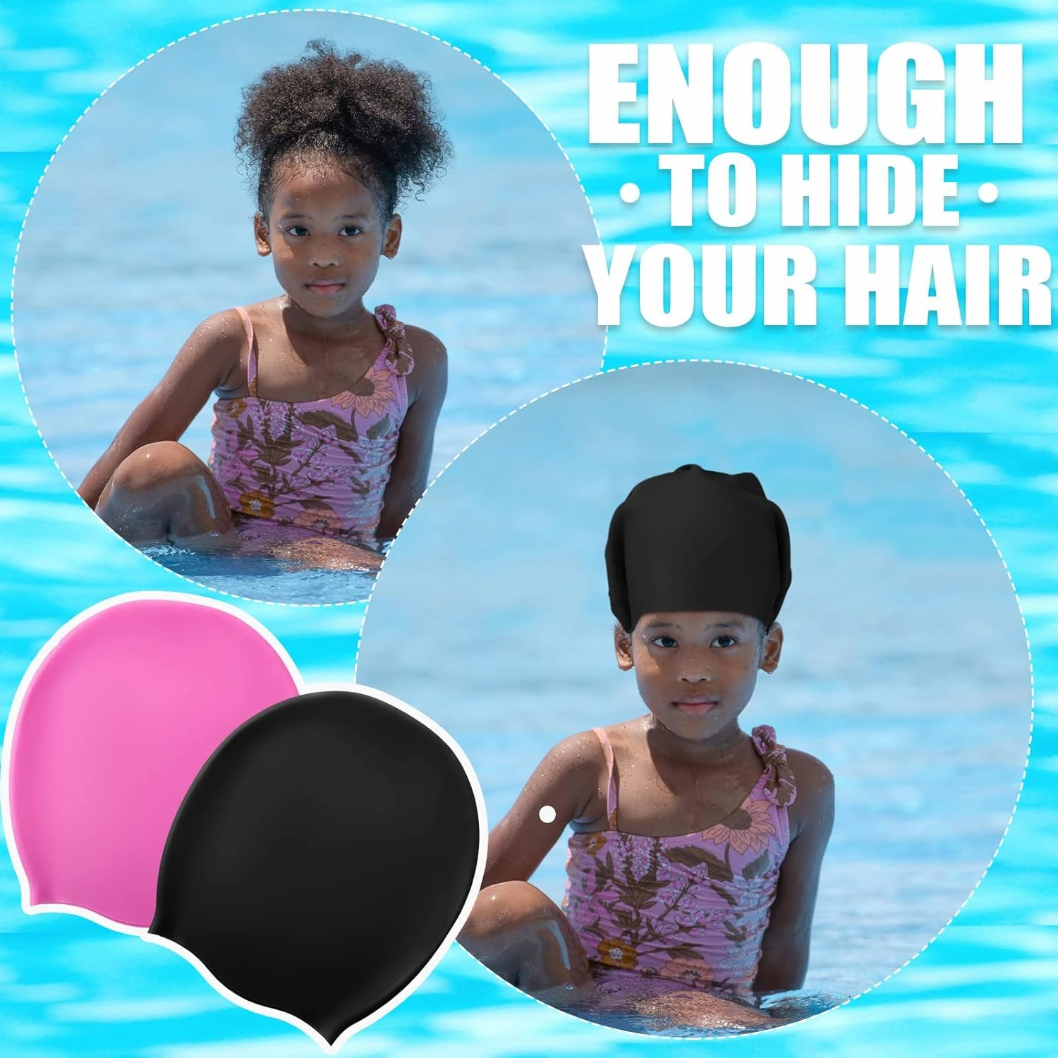 Swimming Cap 2 Pack Silicone Swim Cap for Braids and Dreadlocks Girls Silicone Waterproof Swim Cap Shower Cap for Kids Teens with Long Hair Weaves Hair Extensions Curls (Black, Pink,M)