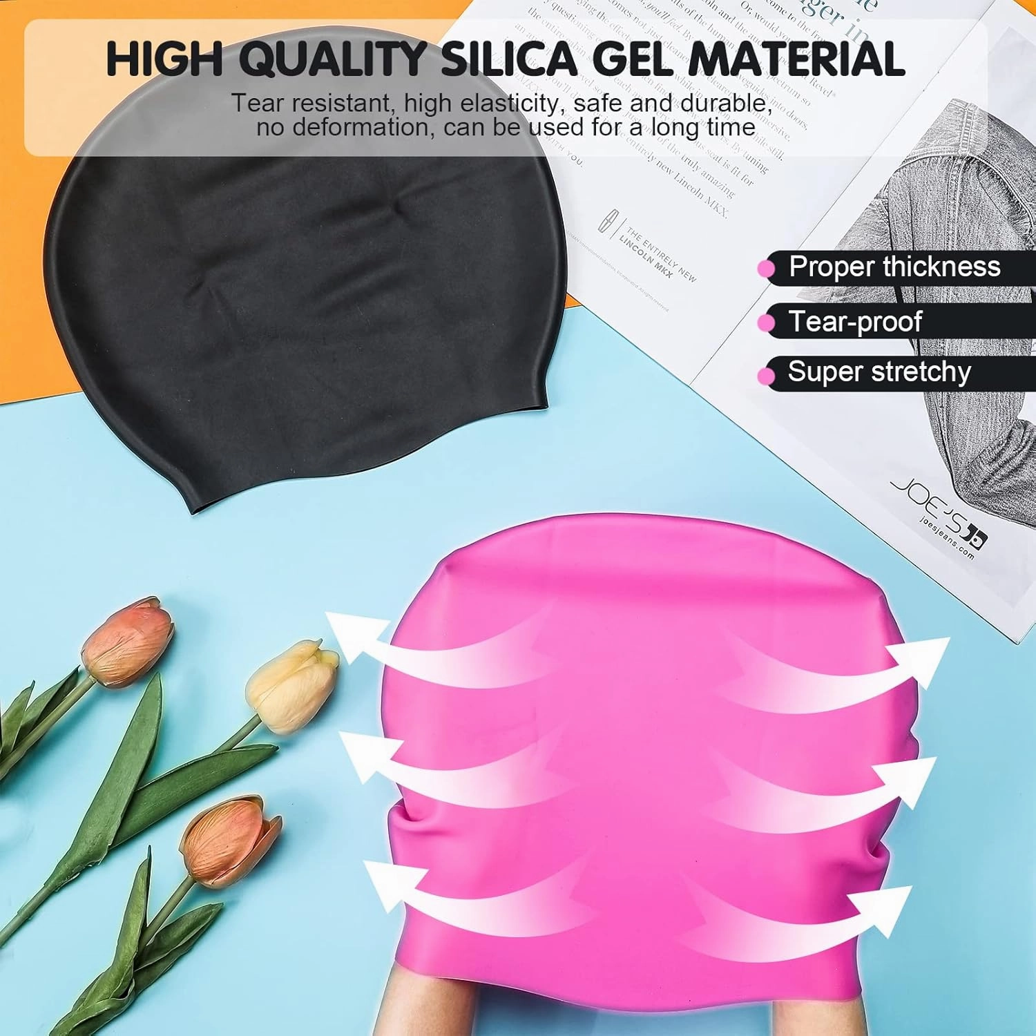 Swimming Cap 2 Pack Silicone Swim Cap for Braids and Dreadlocks Girls Silicone Waterproof Swim Cap Shower Cap for Kids Teens with Long Hair Weaves Hair Extensions Curls (Black, Pink,M)