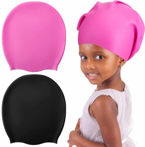 Swimming Cap 2 Pack Silicone Swim Cap for Braids and Dreadlocks Girls Silicone Waterproof Swim Cap Shower Cap for Kids Teens with Long Hair Weaves Hair Extensions Curls (Black, Pink,M)