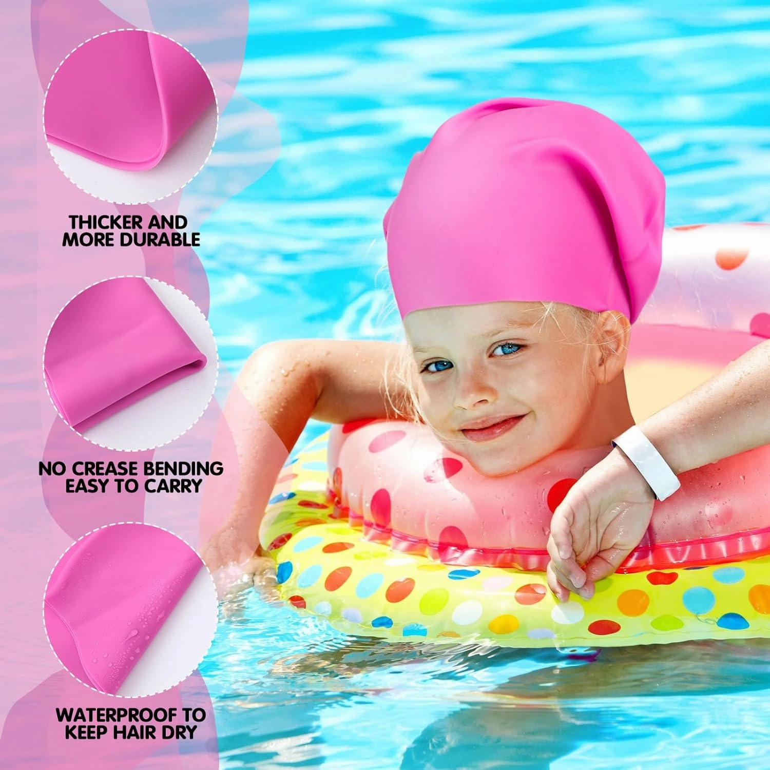 Swimming Cap 2 Pack Silicone Swim Cap for Braids and Dreadlocks Girls Silicone Waterproof Swim Cap Shower Cap for Kids Teens with Long Hair Weaves Hair Extensions Curls (Black, Pink,M)