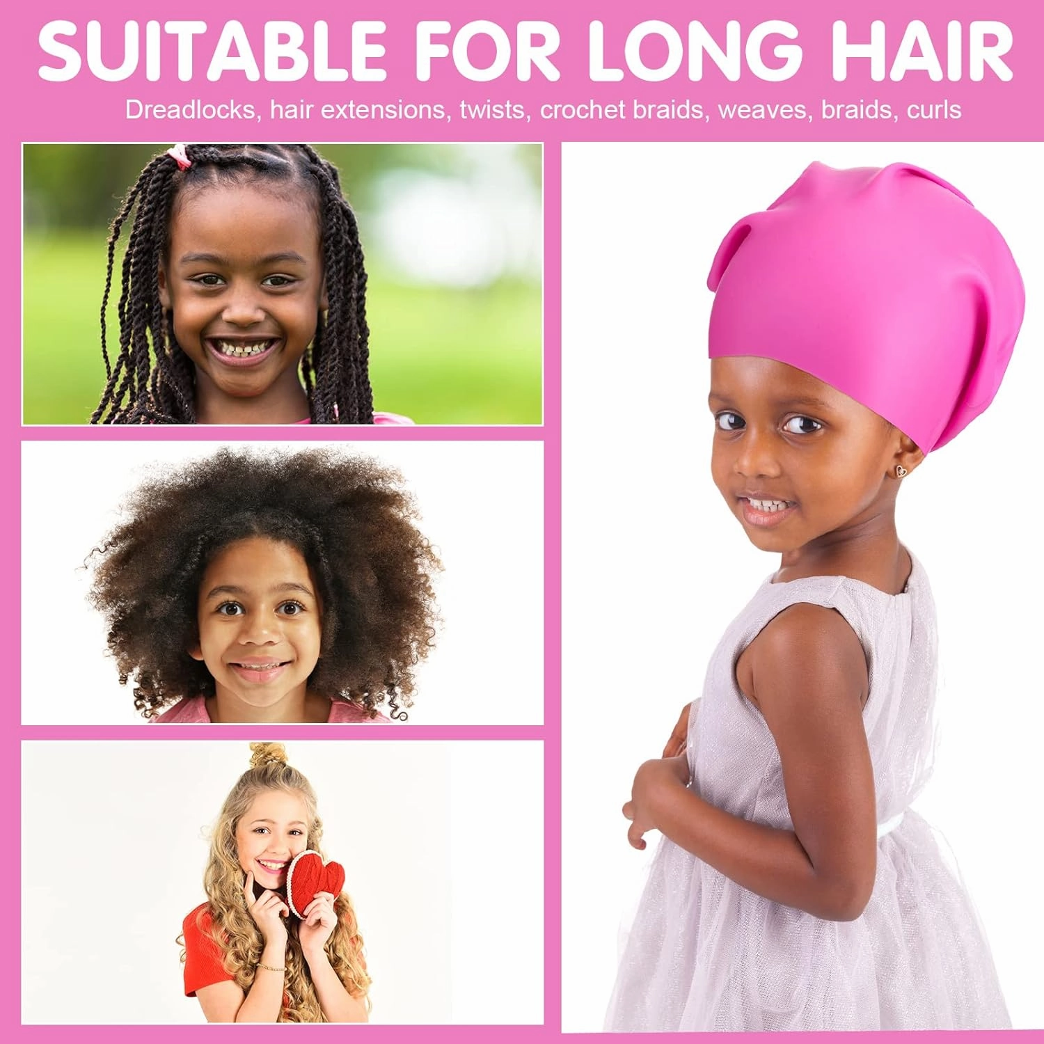 Swimming Cap 2 Pack Silicone Swim Cap for Braids and Dreadlocks Girls Silicone Waterproof Swim Cap Shower Cap for Kids Teens with Long Hair Weaves Hair Extensions Curls (Black, Pink,M)
