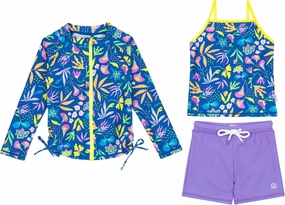 SwimZip Girls' 3 Pc Swim Set w/Long Sleeve Rash Guard, Tankini & Shorts UPF 50 
