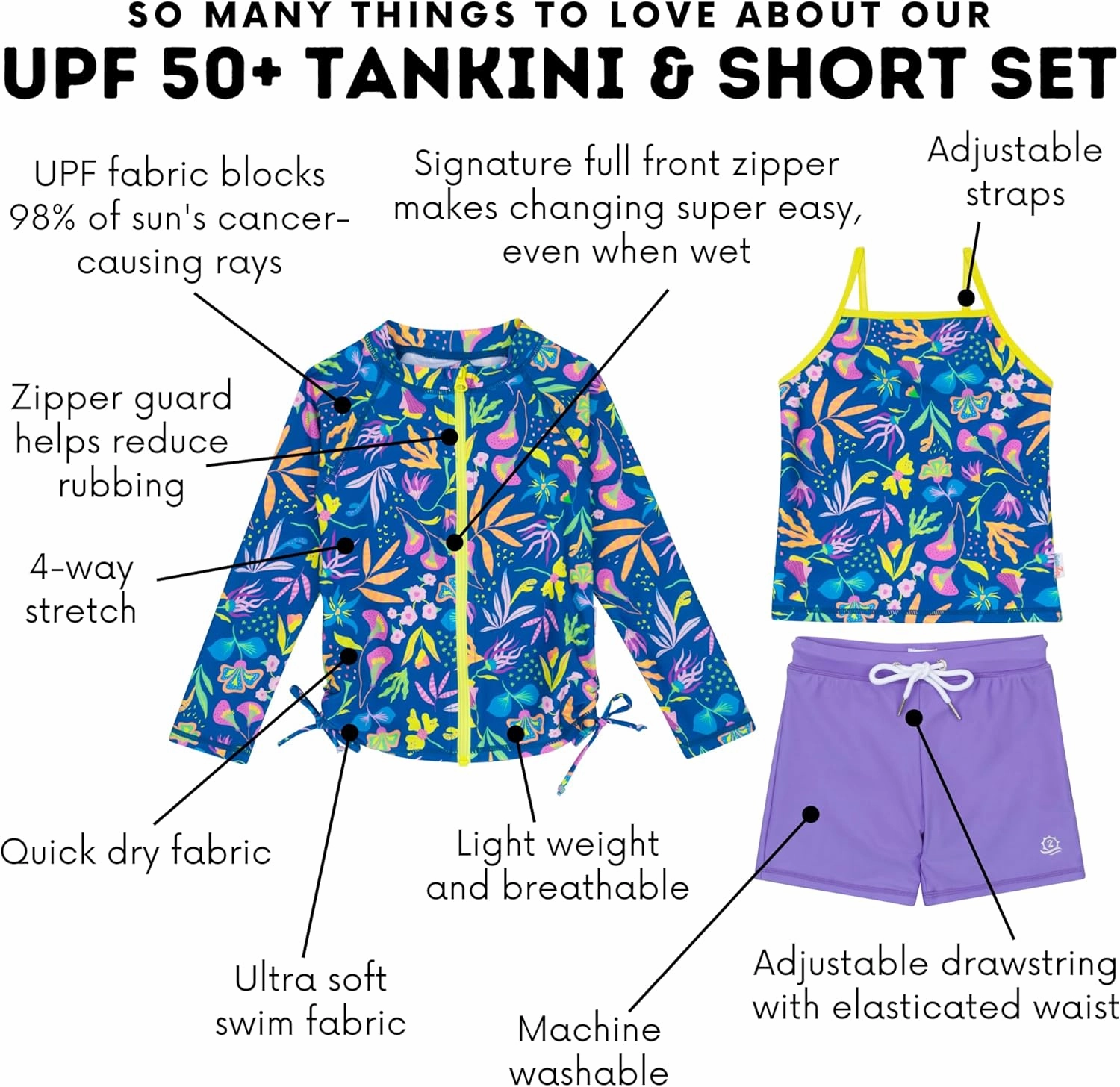 SwimZip Girls' 3 Pc Swim Set w/Long Sleeve Rash Guard, Tankini & Shorts UPF 50 