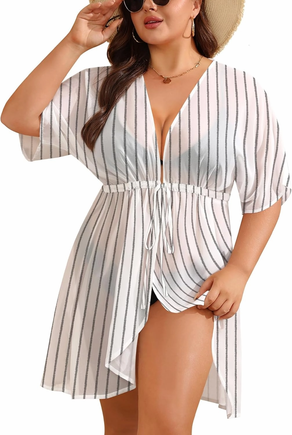 SWOMOG Plus Size Swimsuit Cover Up Women Chiffon Kimono Bikini Coverups Cardigan Open Front Summer Beachwear Swimwear