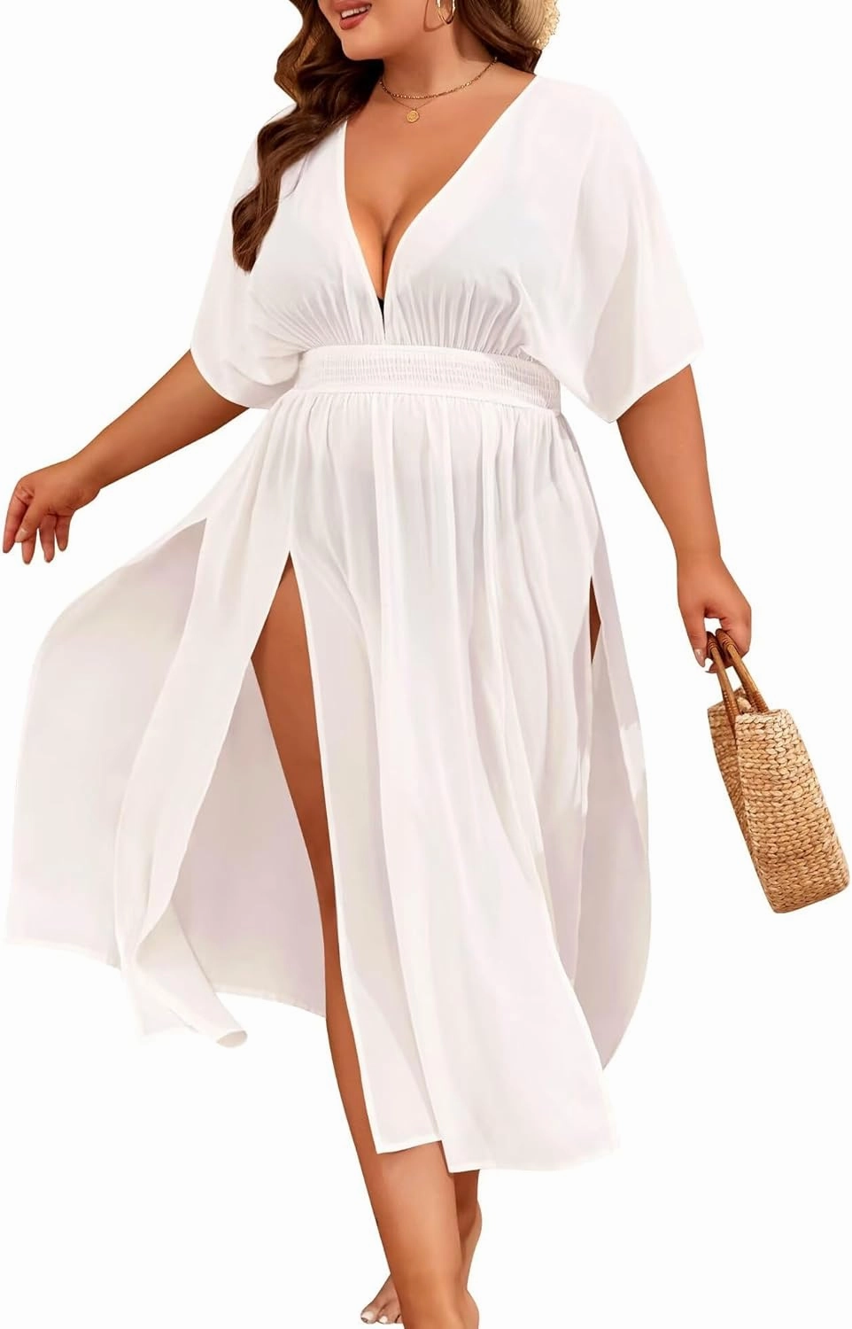 SWOMOG Women Plus Size Swimsuit Cover Up Bikini Bathing Suit Sexy Deep V Neck Swim Beach Dresses Summer Beachwear