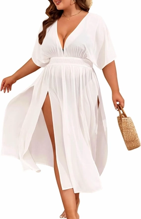 SWOMOG Women Plus Size Swimsuit Cover Up Bikini Bathing Suit Sexy Deep V Neck Swim Beach Dresses Summer Beachwear