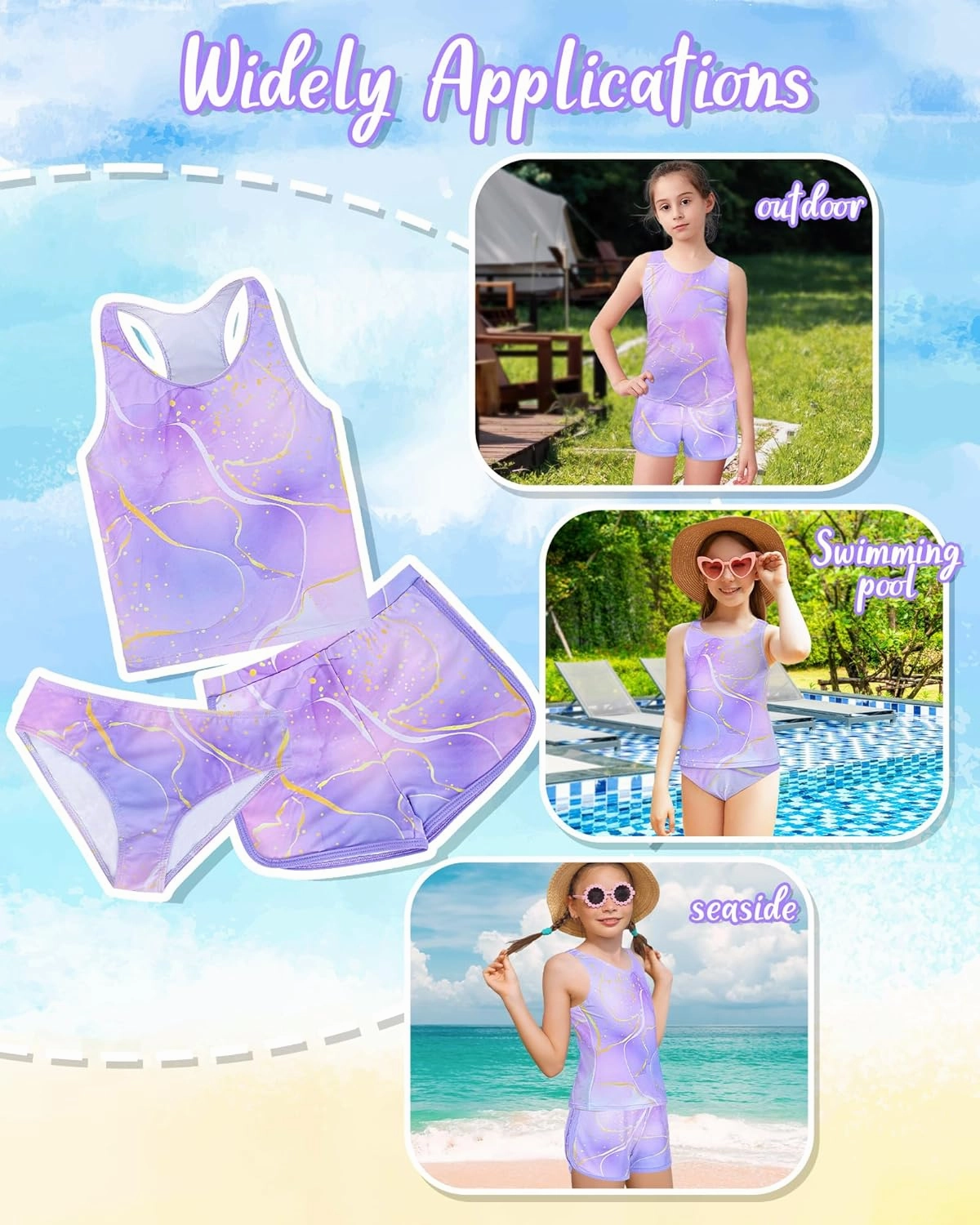 Sylfairy Girls 3 Piece Bathing Suit Summer UPF 50  Racerback Swimsuit with Shorts Beach Tankini Sets 8-15 Years