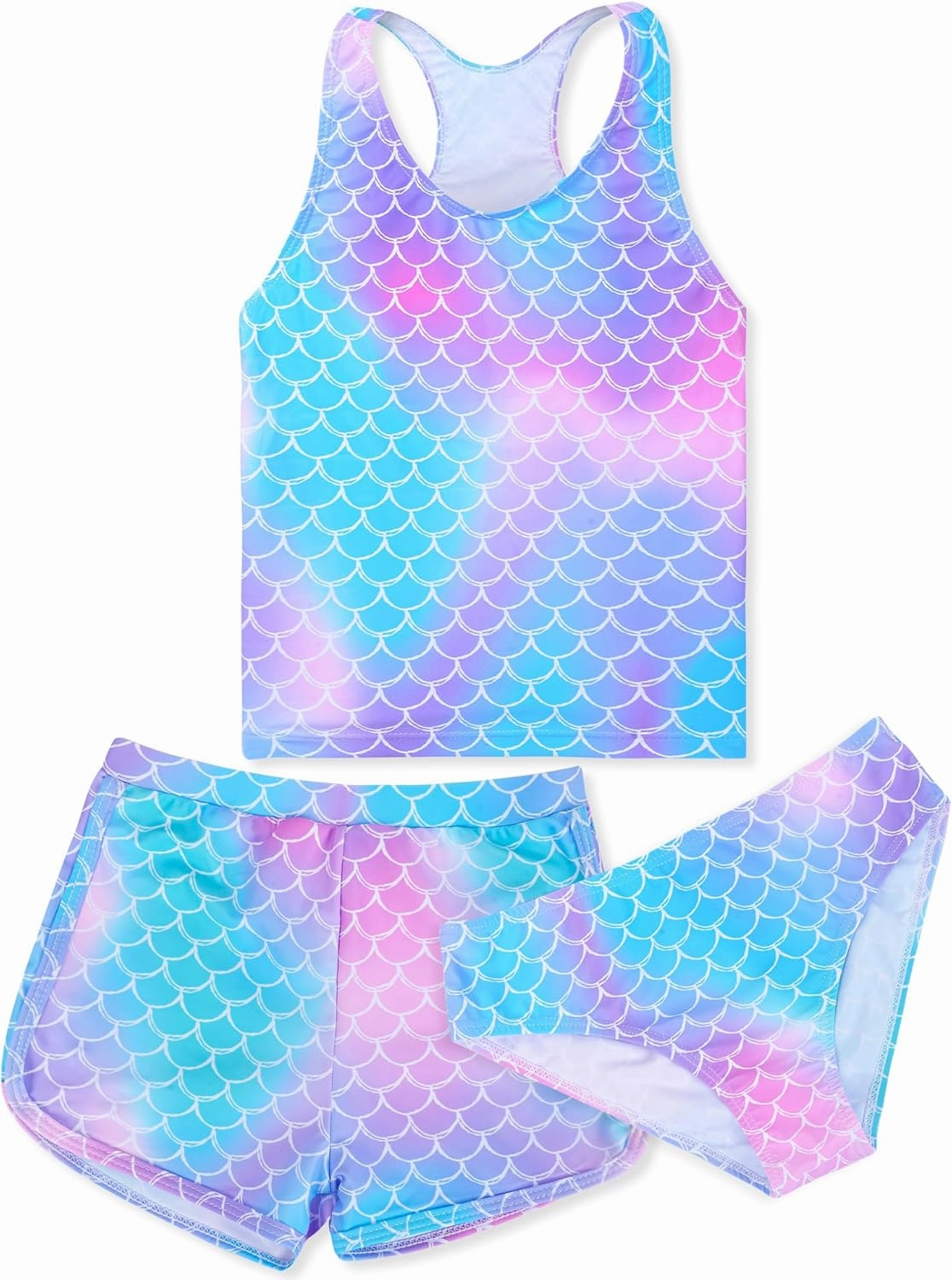 Sylfairy Girls 3 Piece Bathing Suit Summer UPF 50  Racerback Swimsuit with Shorts Beach Tankini Sets 8-15 Years