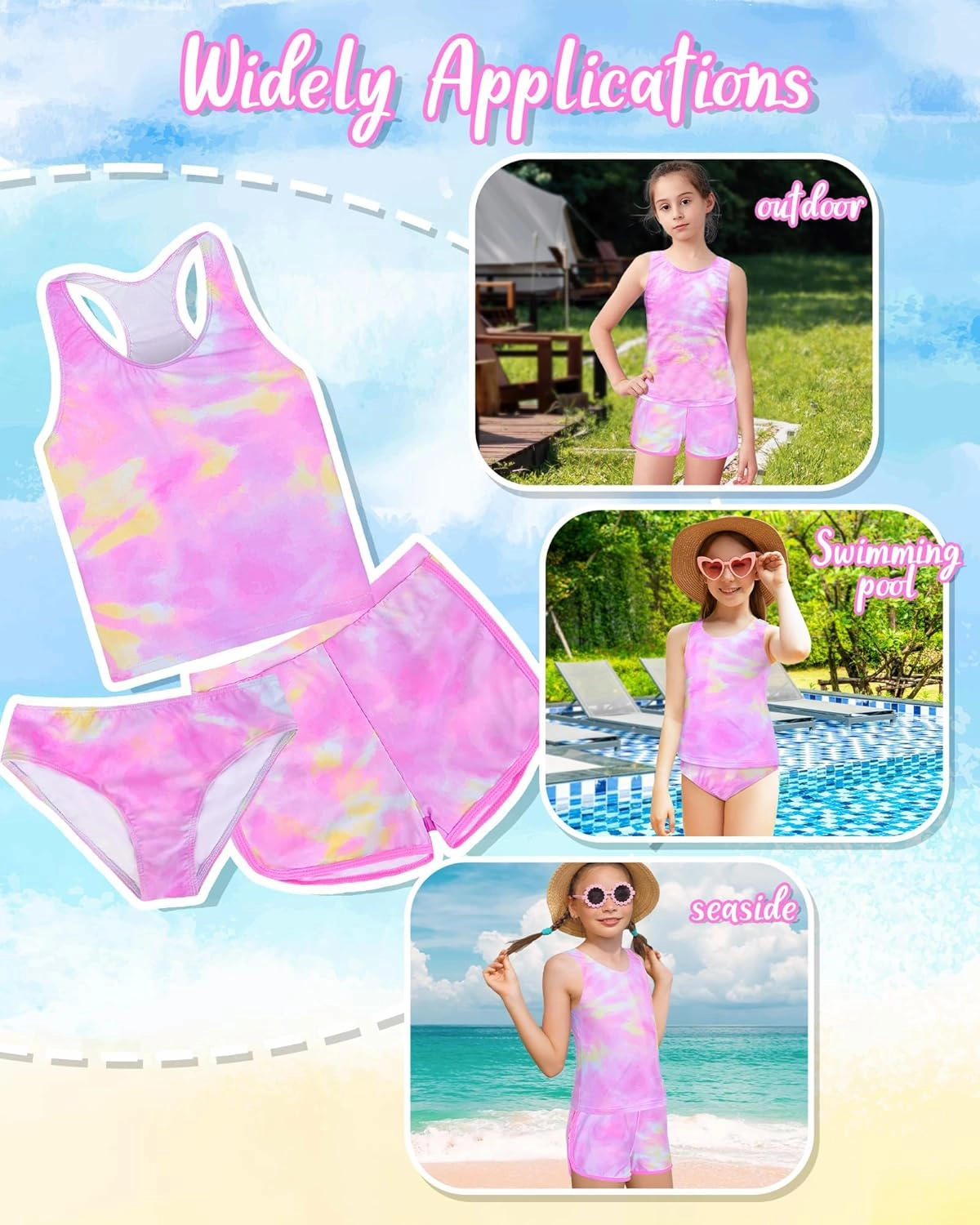 Sylfairy Girls 3 Piece Bathing Suit Summer UPF 50  Racerback Swimsuit with Shorts Beach Tankini Sets 8-15 Years