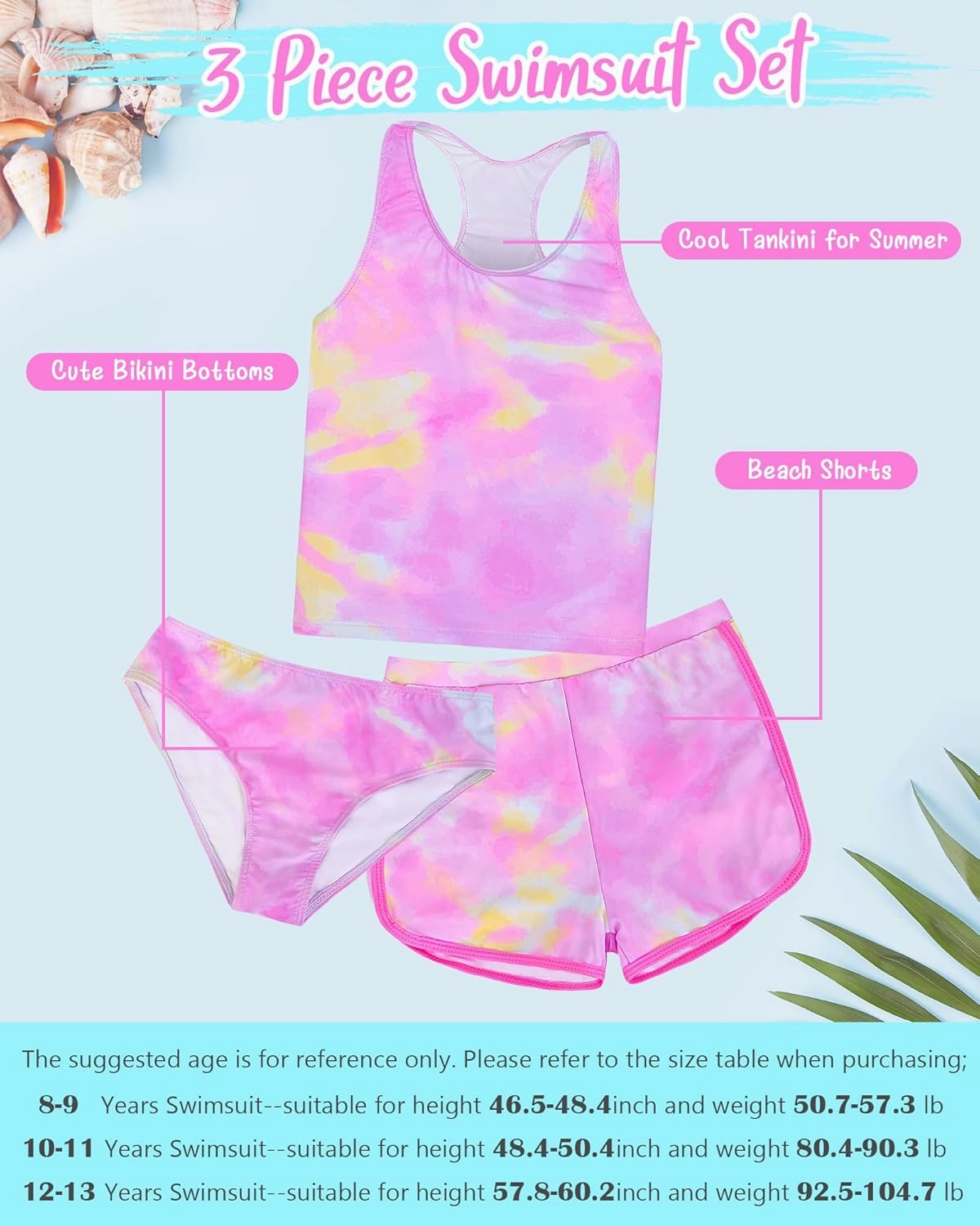 Sylfairy Girls 3 Piece Bathing Suit Summer UPF 50  Racerback Swimsuit with Shorts Beach Tankini Sets 8-15 Years