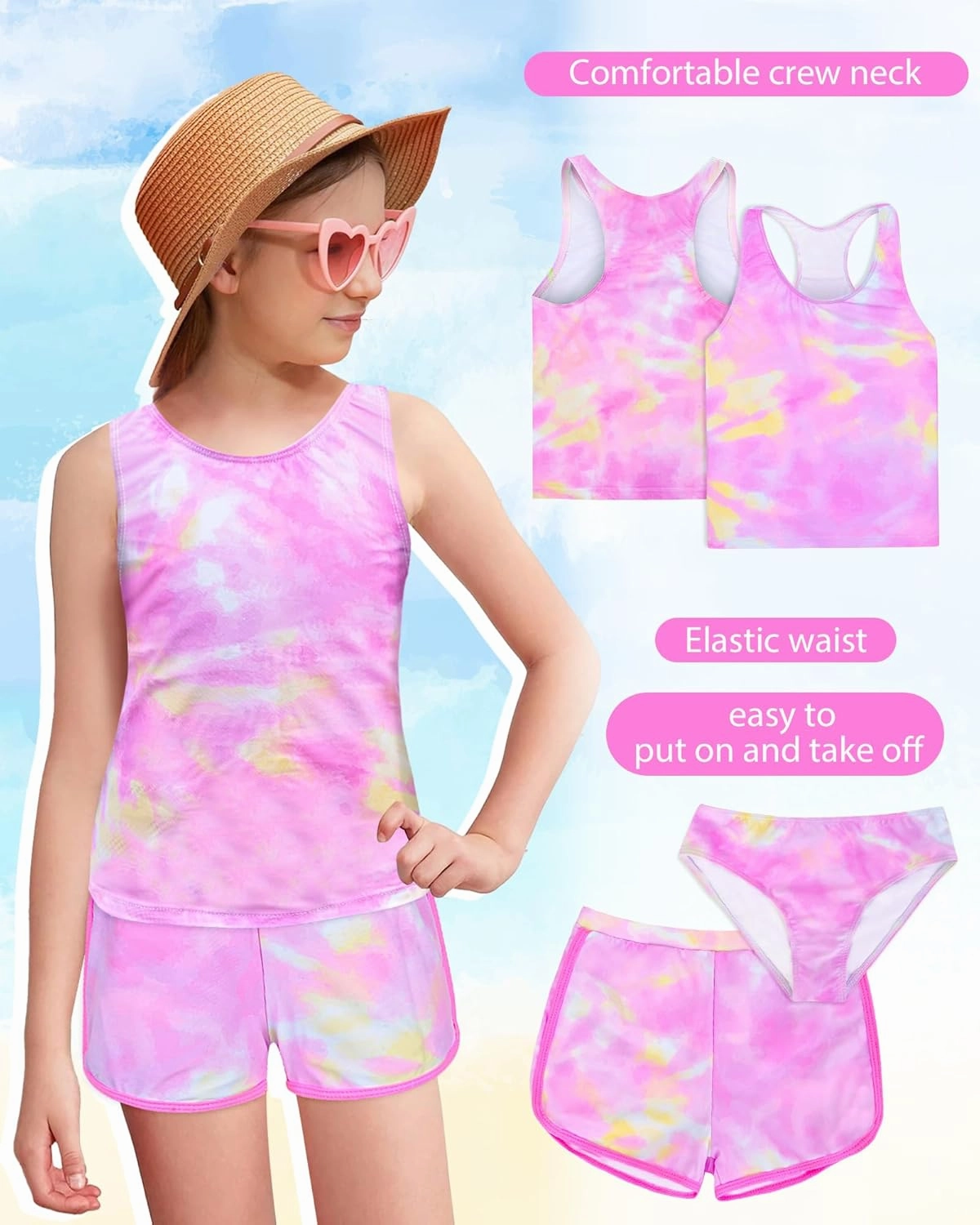 Sylfairy Girls 3 Piece Bathing Suit Summer UPF 50  Racerback Swimsuit with Shorts Beach Tankini Sets 8-15 Years