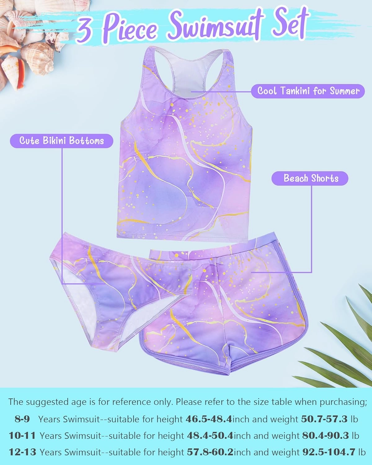 Sylfairy Girls 3 Piece Bathing Suit Summer UPF 50  Racerback Swimsuit with Shorts Beach Tankini Sets 8-15 Years