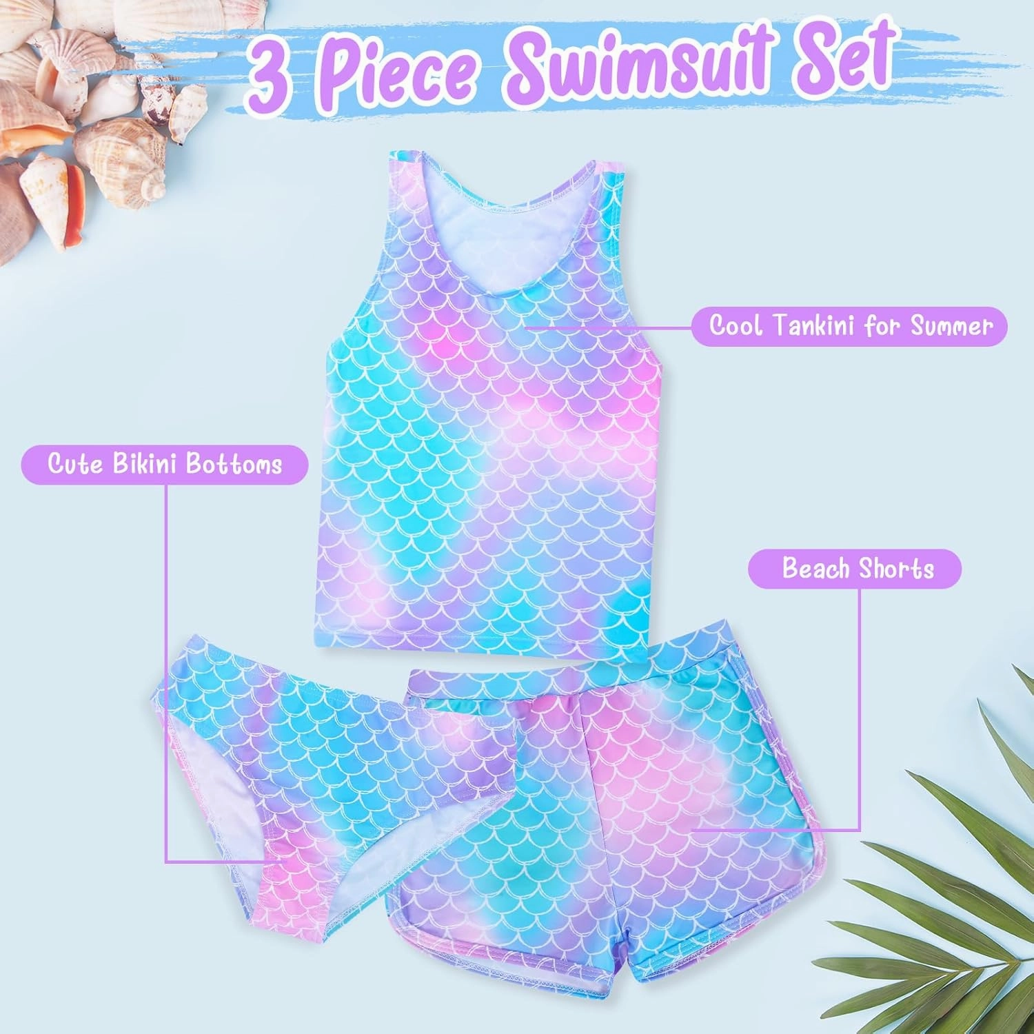 Sylfairy Girls 3 Piece Bathing Suit Summer UPF 50  Racerback Swimsuit with Shorts Beach Tankini Sets 8-15 Years