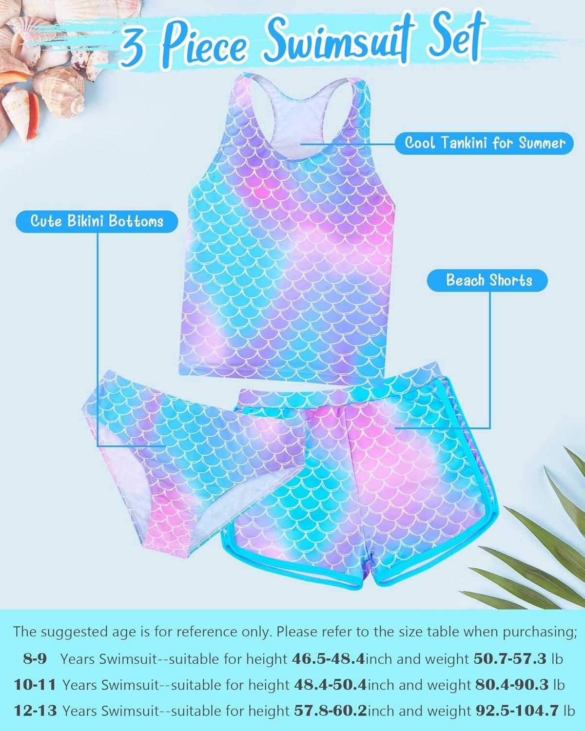 Sylfairy Girls 3 Piece Bathing Suit Summer UPF 50  Racerback Swimsuit with Shorts Beach Tankini Sets 8-15 Years