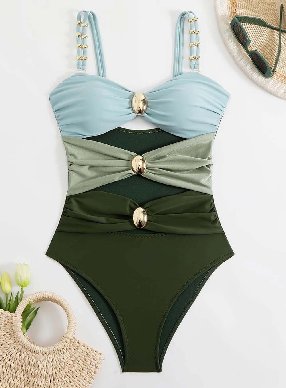 Tainehs Women's One Piece Swimsuits Color Block Tummy Control High Waisted Bathing Suit