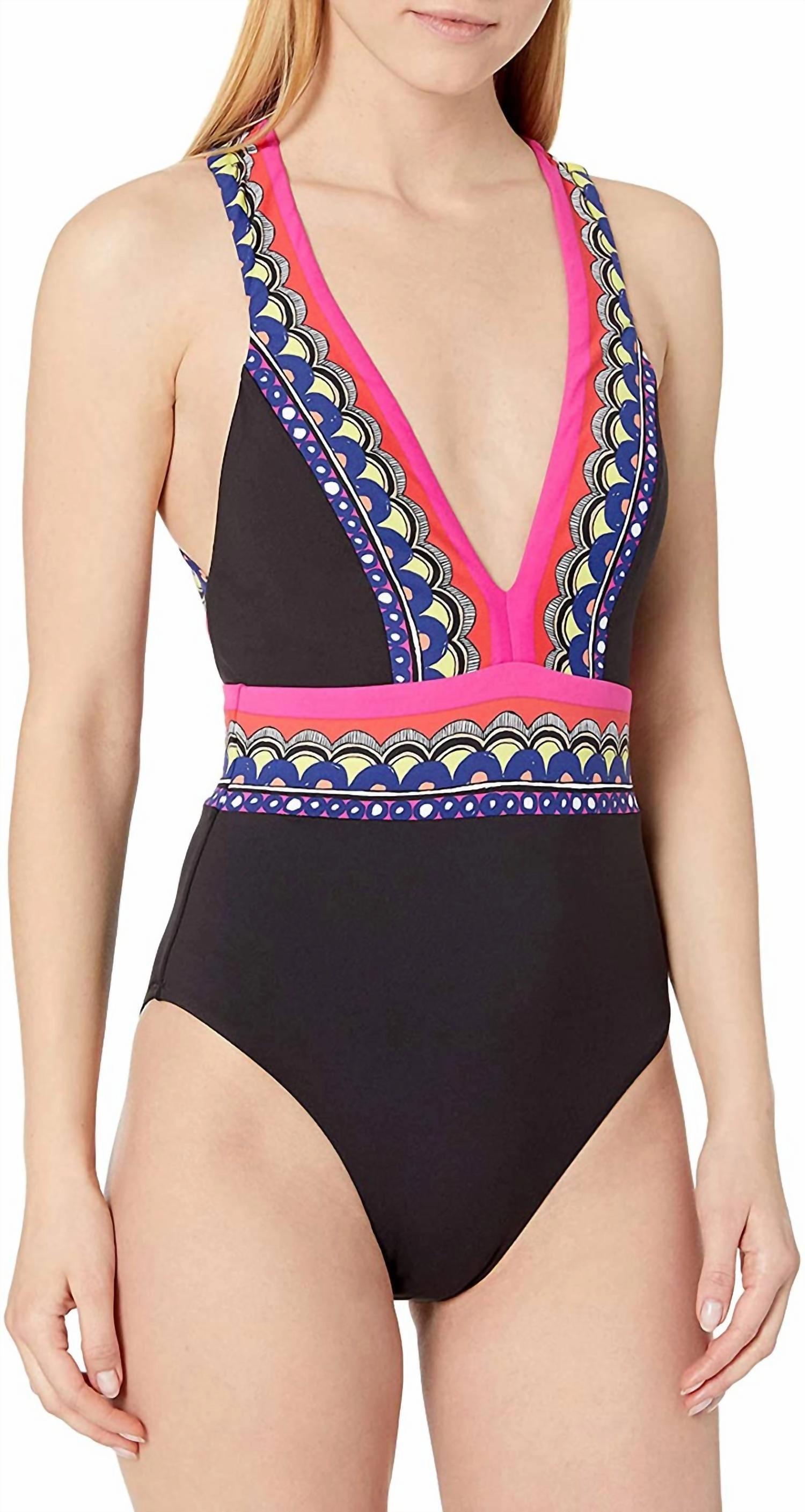 Tanzania Scarf Plus V-Plunge One-Piece Swimsuit In Black Multi