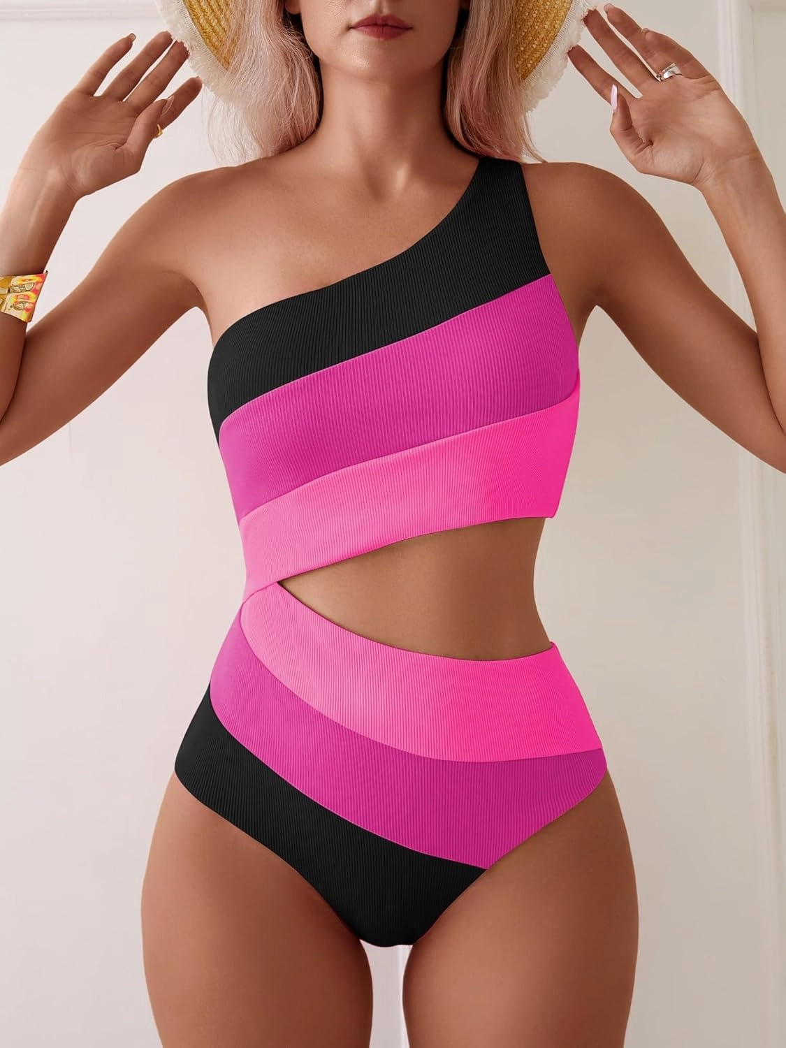 TASHEHE Women's One Shoulder One Piece Swimsuit Sexy Neon Color Block Bathing Suit Modest Full Coverage Cutout Swimwear