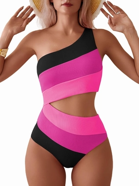 TASHEHE Women's One Shoulder One Piece Swimsuit Sexy Neon Color Block Bathing Suit Modest Full Coverage Cutout Swimwear