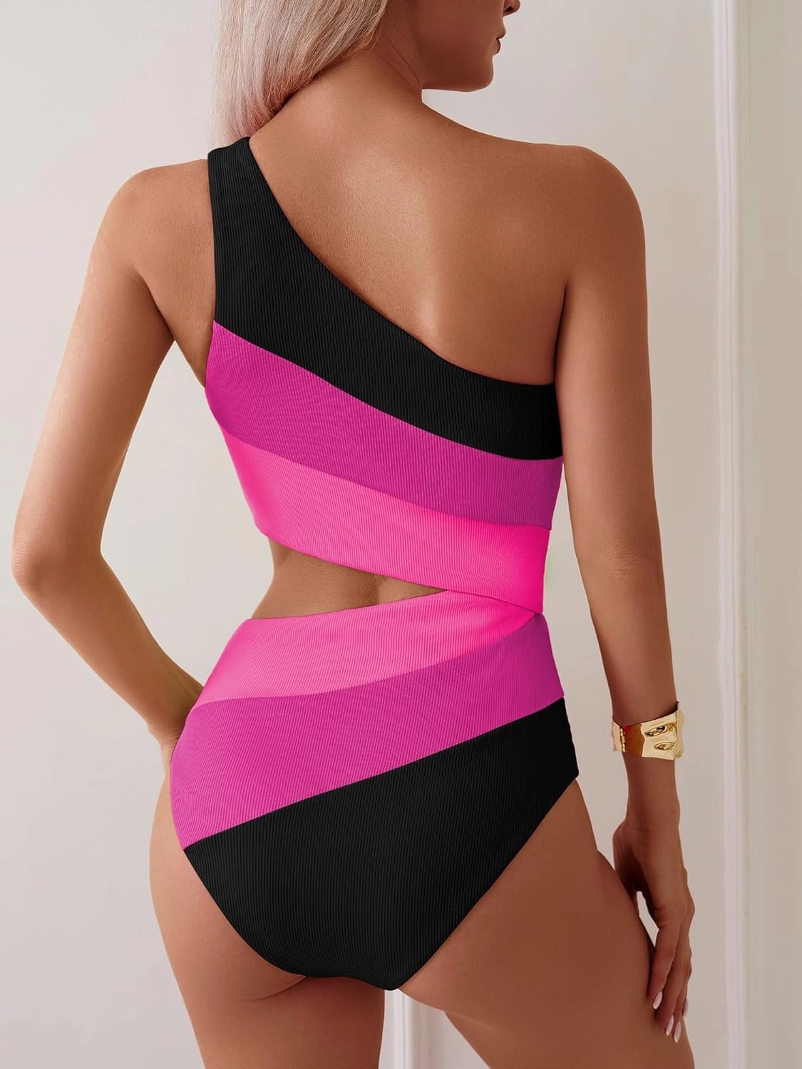 TASHEHE Women's One Shoulder One Piece Swimsuit Sexy Neon Color Block Bathing Suit Modest Full Coverage Cutout Swimwear