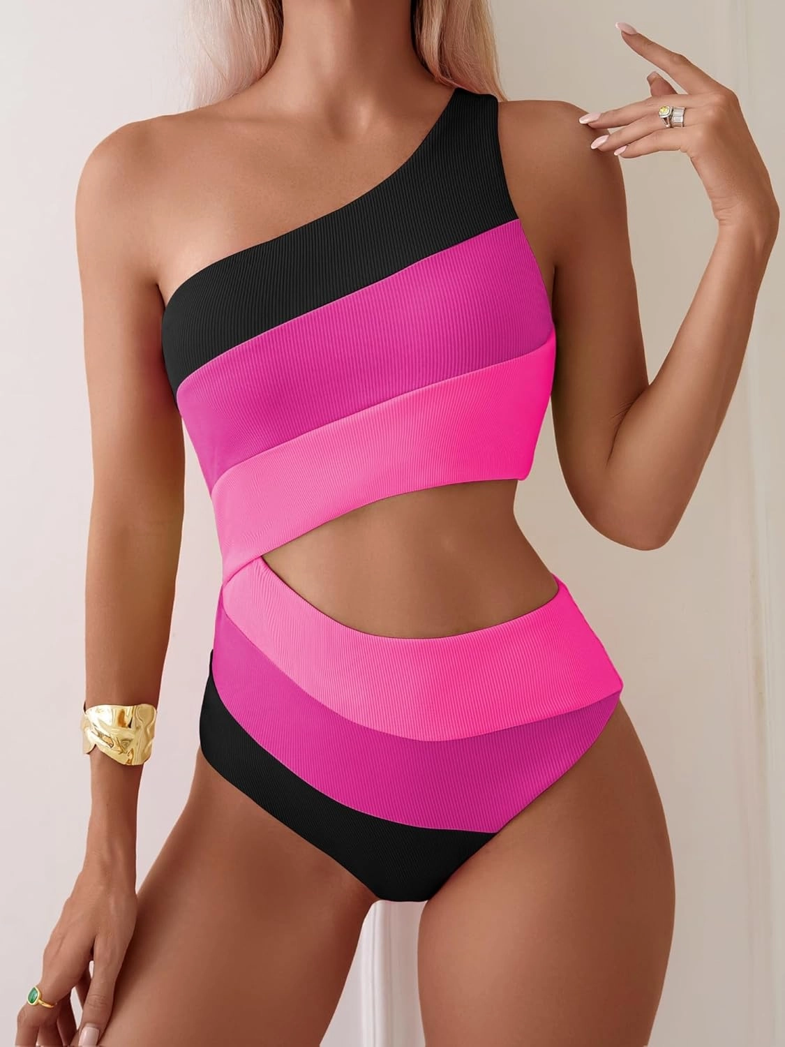 TASHEHE Women's One Shoulder One Piece Swimsuit Sexy Neon Color Block Bathing Suit Modest Full Coverage Cutout Swimwear