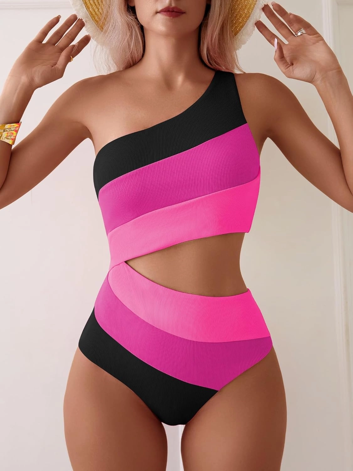 TASHEHE Women's One Shoulder One Piece Swimsuit Sexy Neon Color Block Bathing Suit Modest Full Coverage Cutout Swimwear