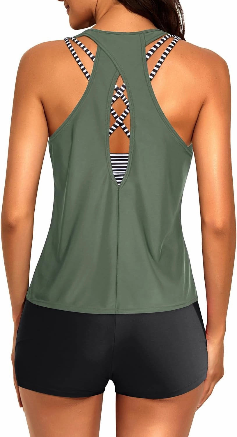 Tempt Me 3 Piece Tankini Swimsuits for Women Athletic Bathing Suits Swim Tank Top with Boy Shorts and Bra Modest Swimwear