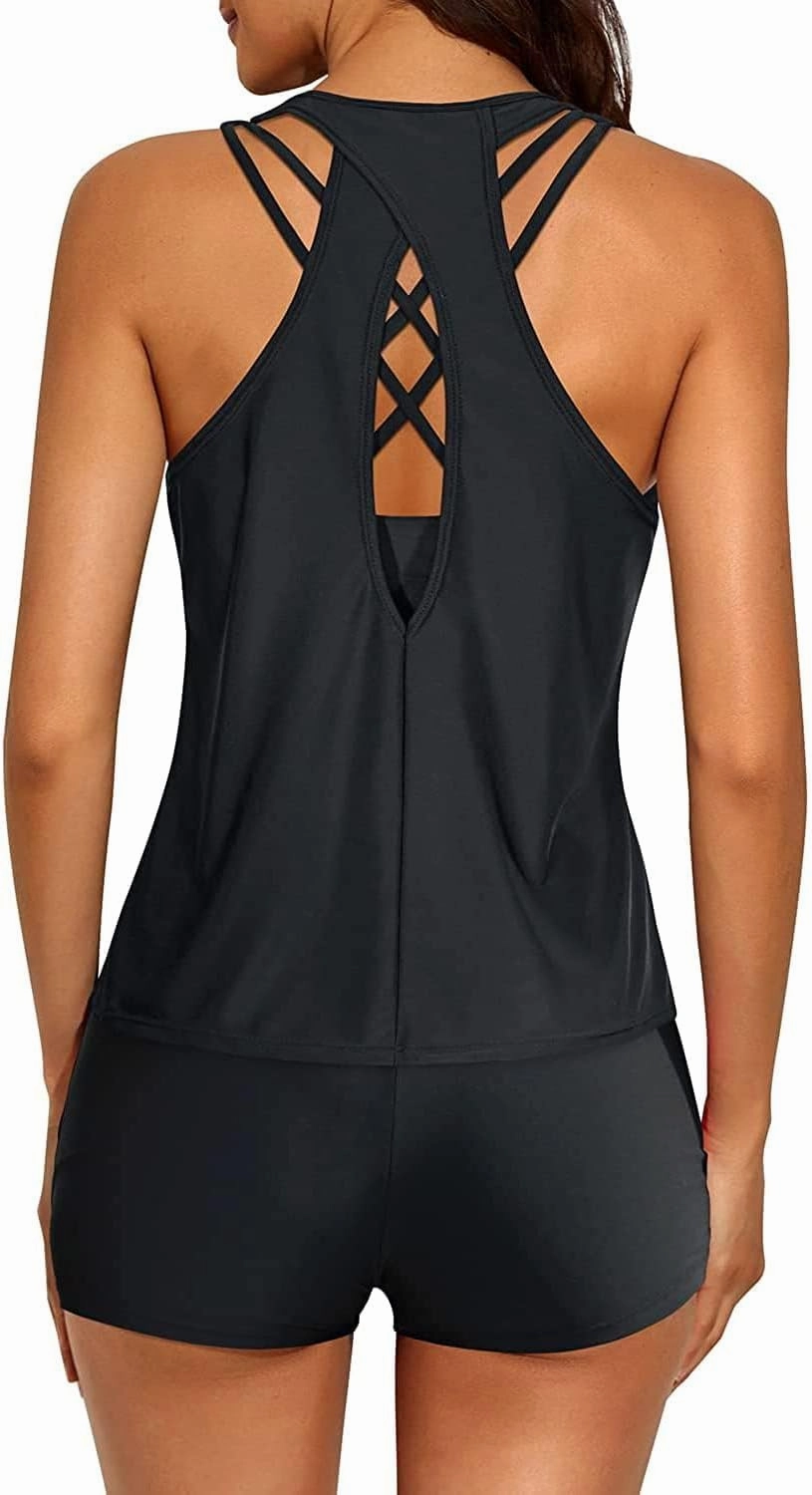 Tempt Me 3 Piece Tankini Swimsuits for Women Athletic Bathing Suits Swim Tank Top with Boy Shorts and Bra Modest Swimwear