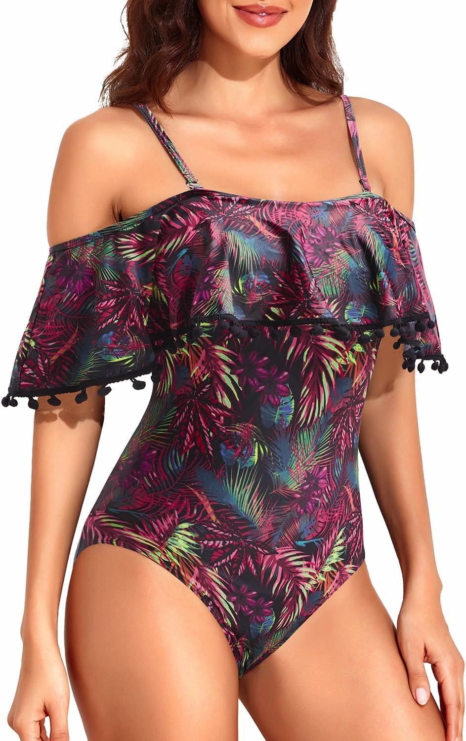 Tempt Me Off Shoulder One Piece Swimsuit for Women Ruffled Sleeves Retro Bathing Suits