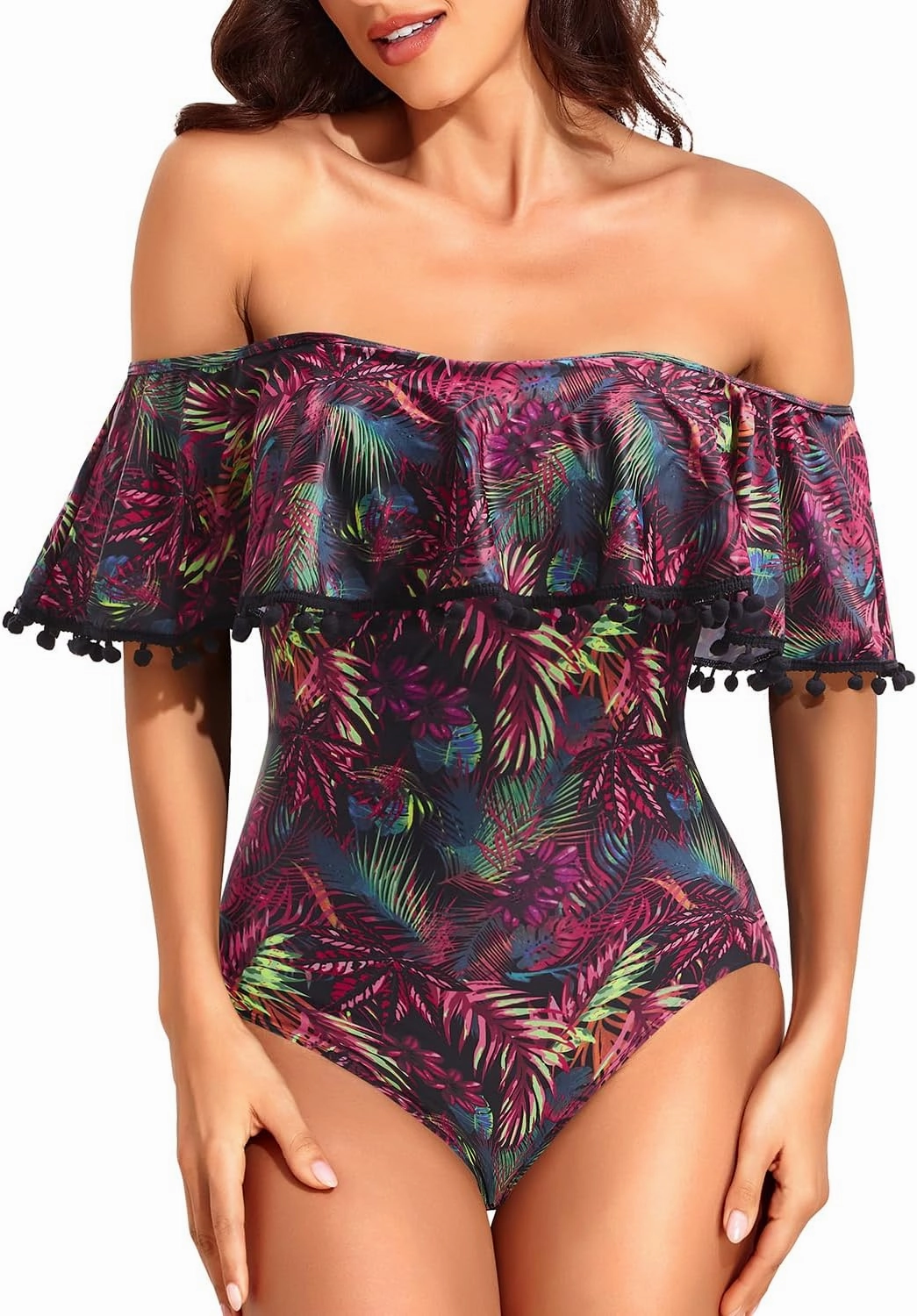 Tempt Me Off Shoulder One Piece Swimsuit for Women Ruffled Sleeves Retro Bathing Suits